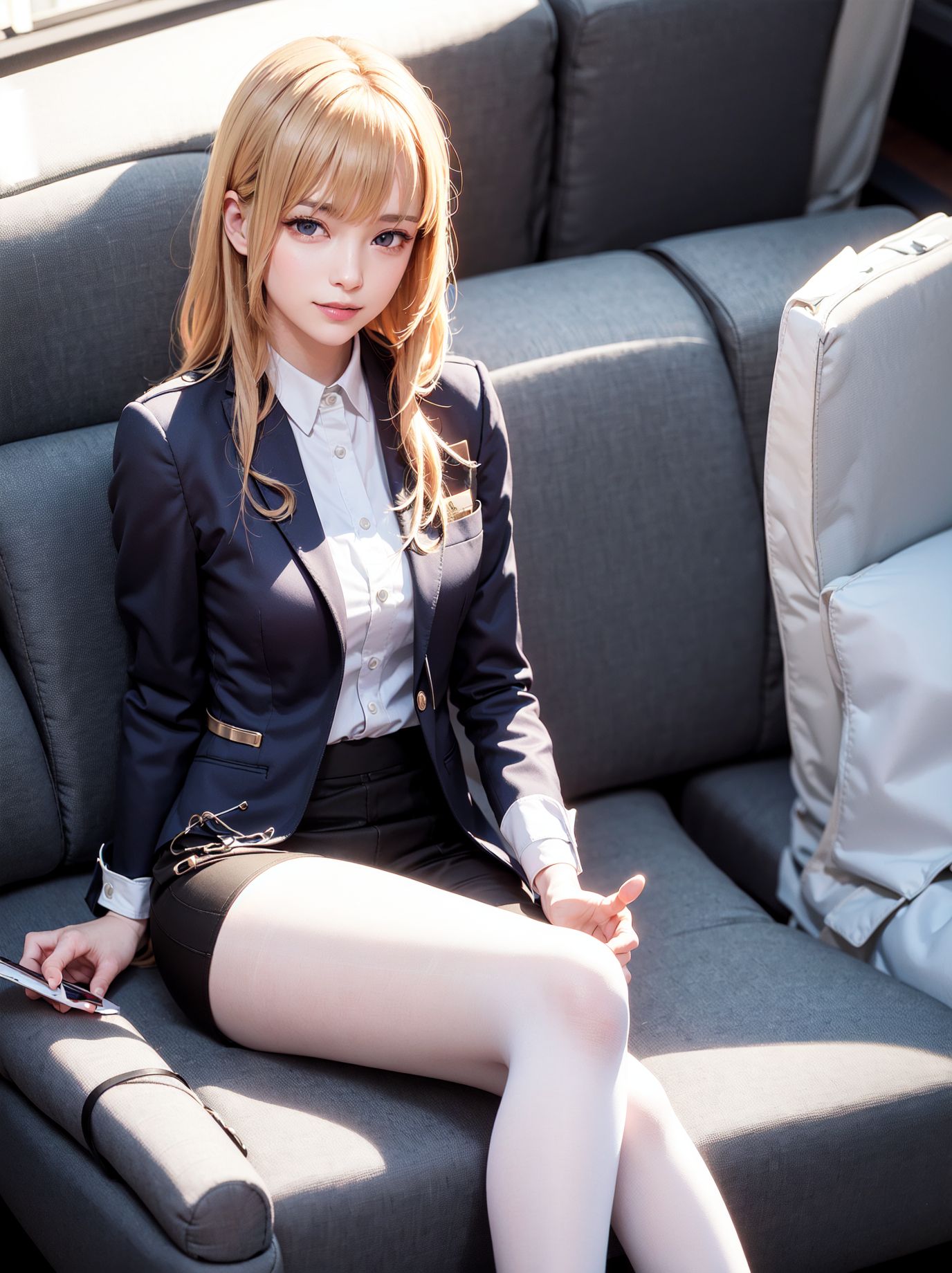 Blonde flight attendant with beautiful legs in white silk stockings and hazy almond eyes.