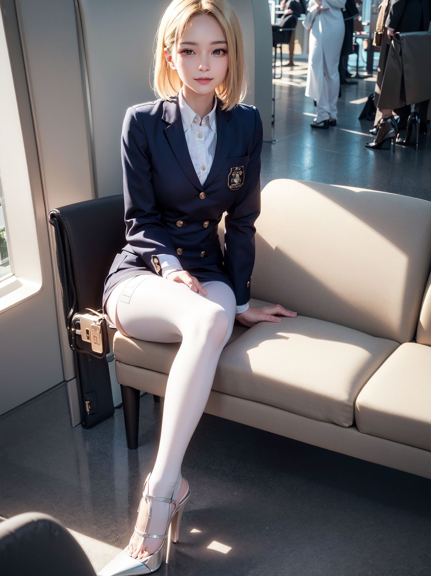 Blonde flight attendant with beautiful legs in white silk stockings and hazy almond eyes.