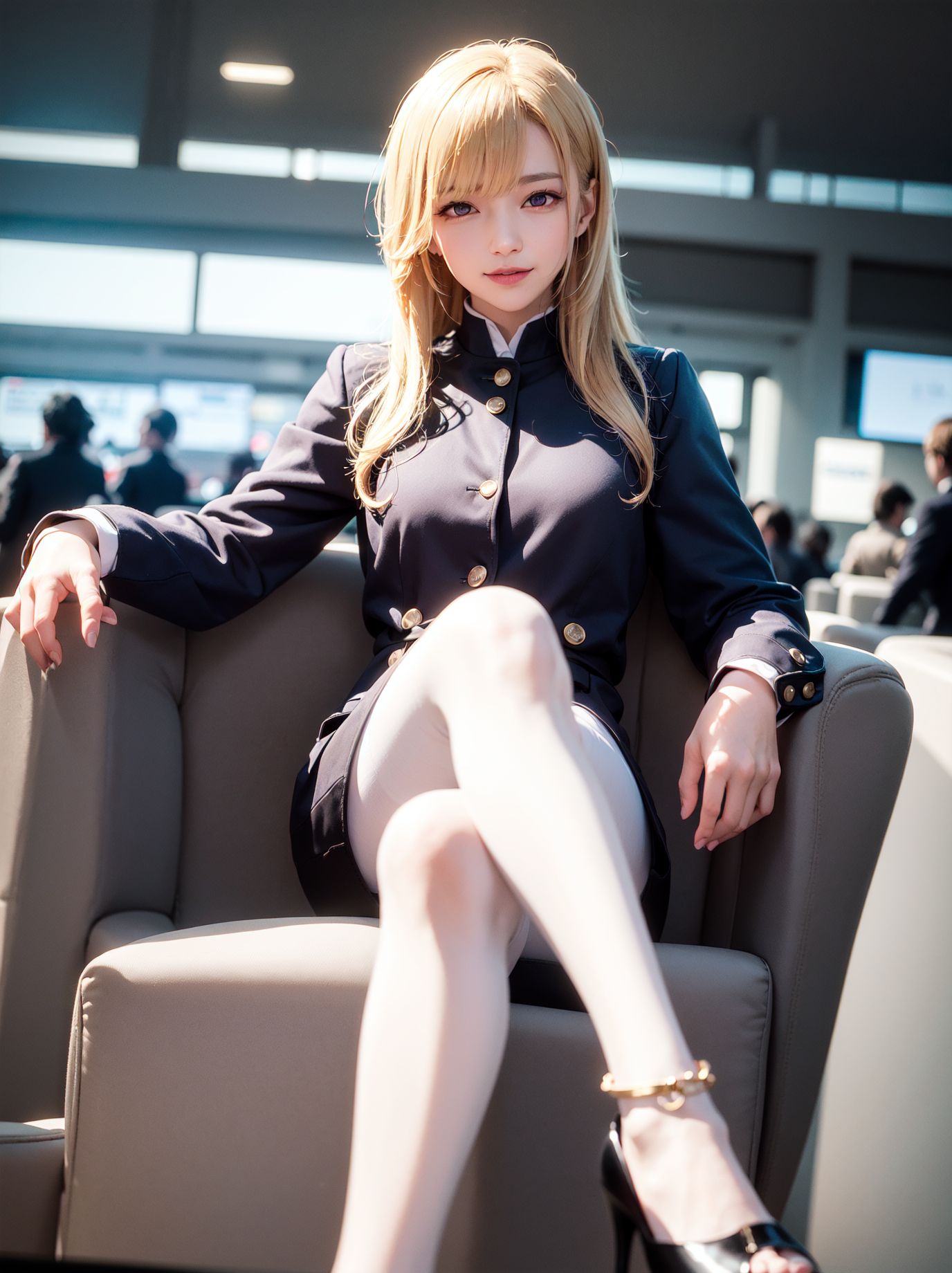 Blonde flight attendant with beautiful legs in white silk stockings and hazy almond eyes.