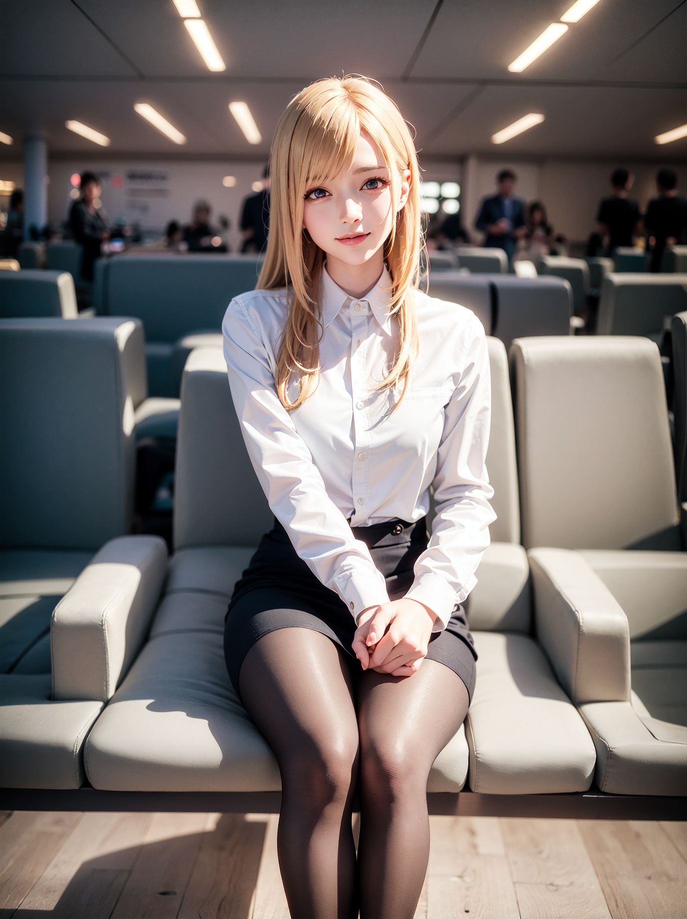 Blonde flight attendant with beautiful legs in white silk stockings and hazy almond eyes.