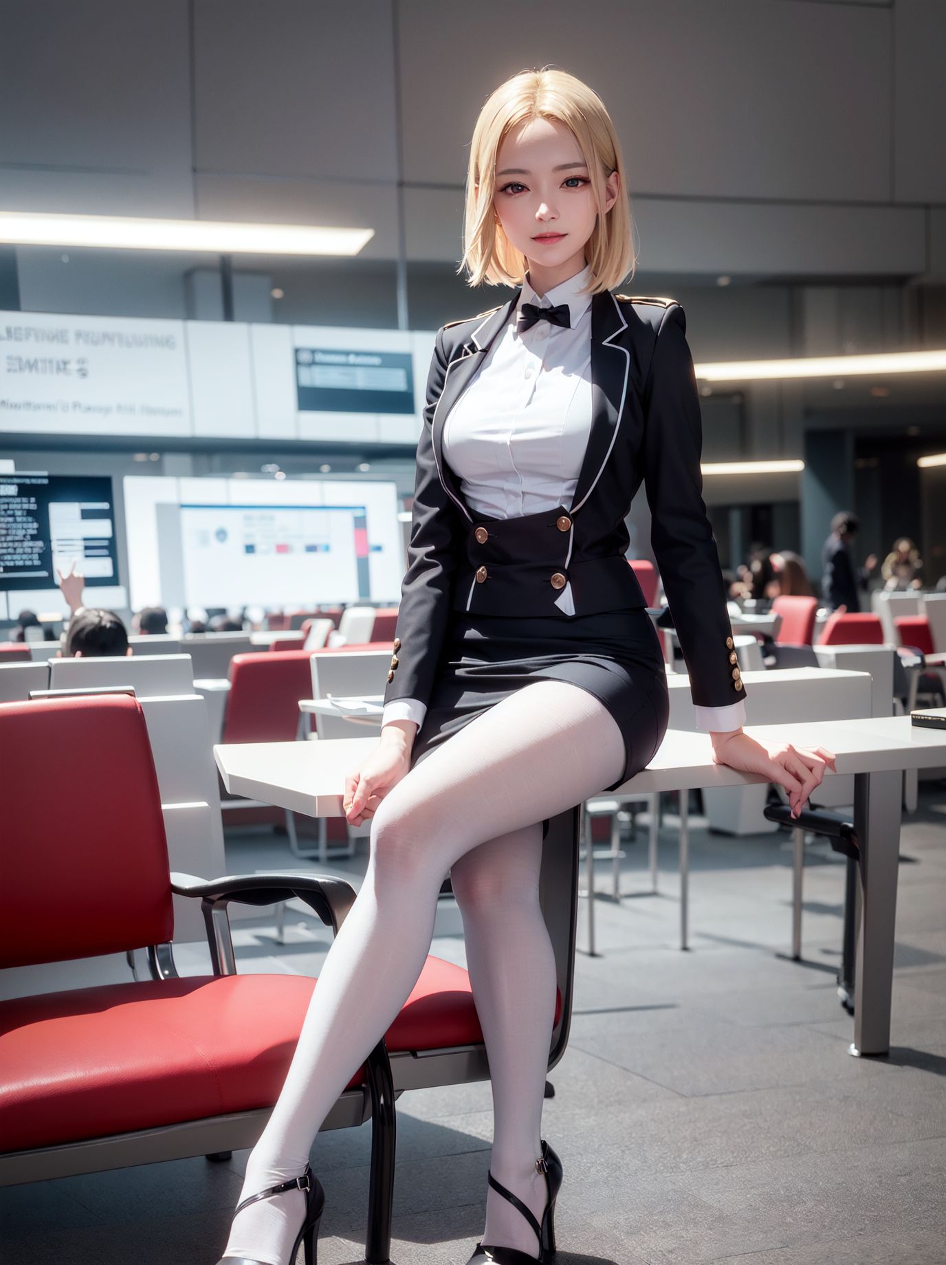 Blonde flight attendant with beautiful legs in white silk stockings and hazy almond eyes.