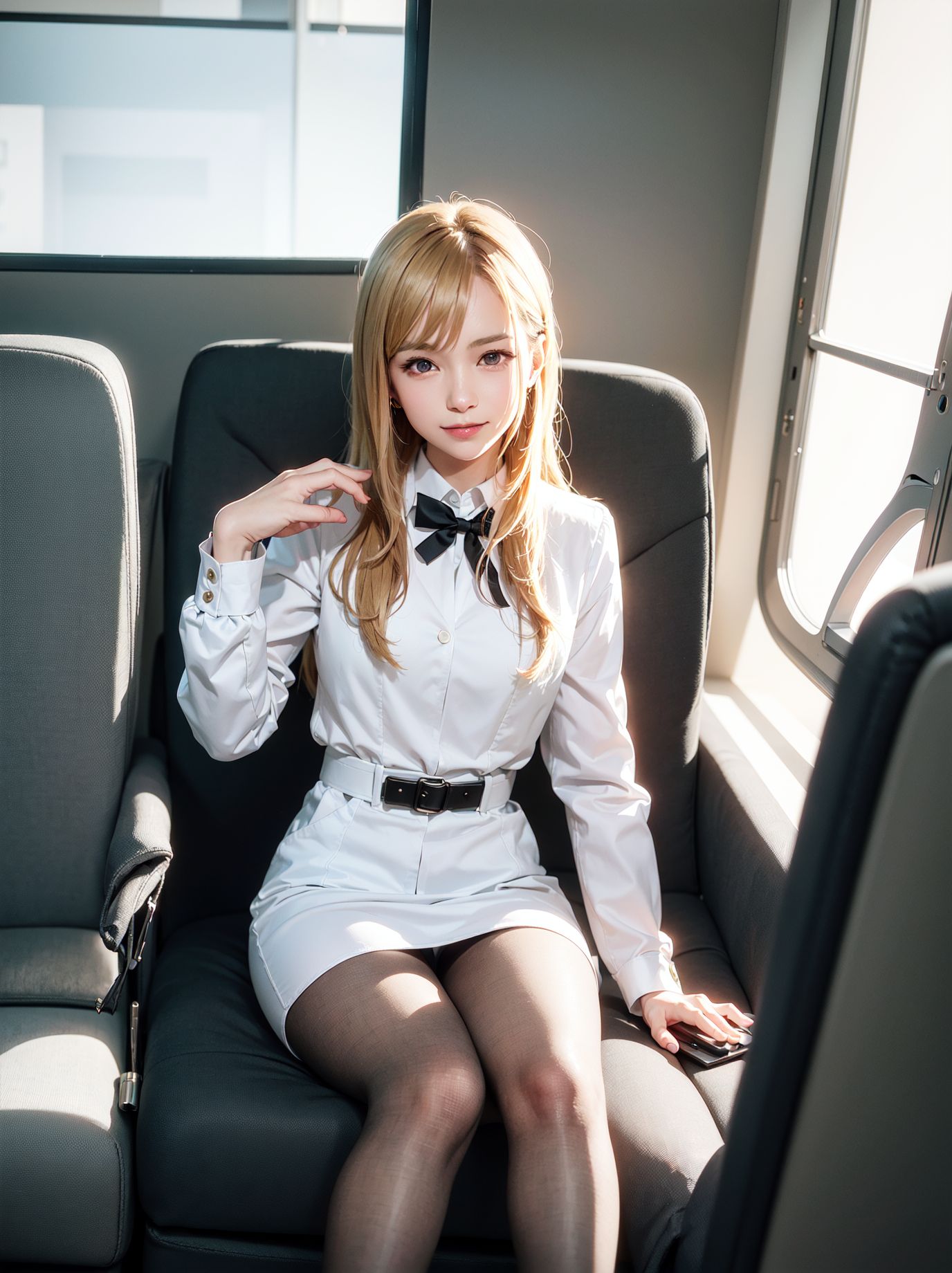 Blonde flight attendant with beautiful legs in white silk stockings and hazy almond eyes.