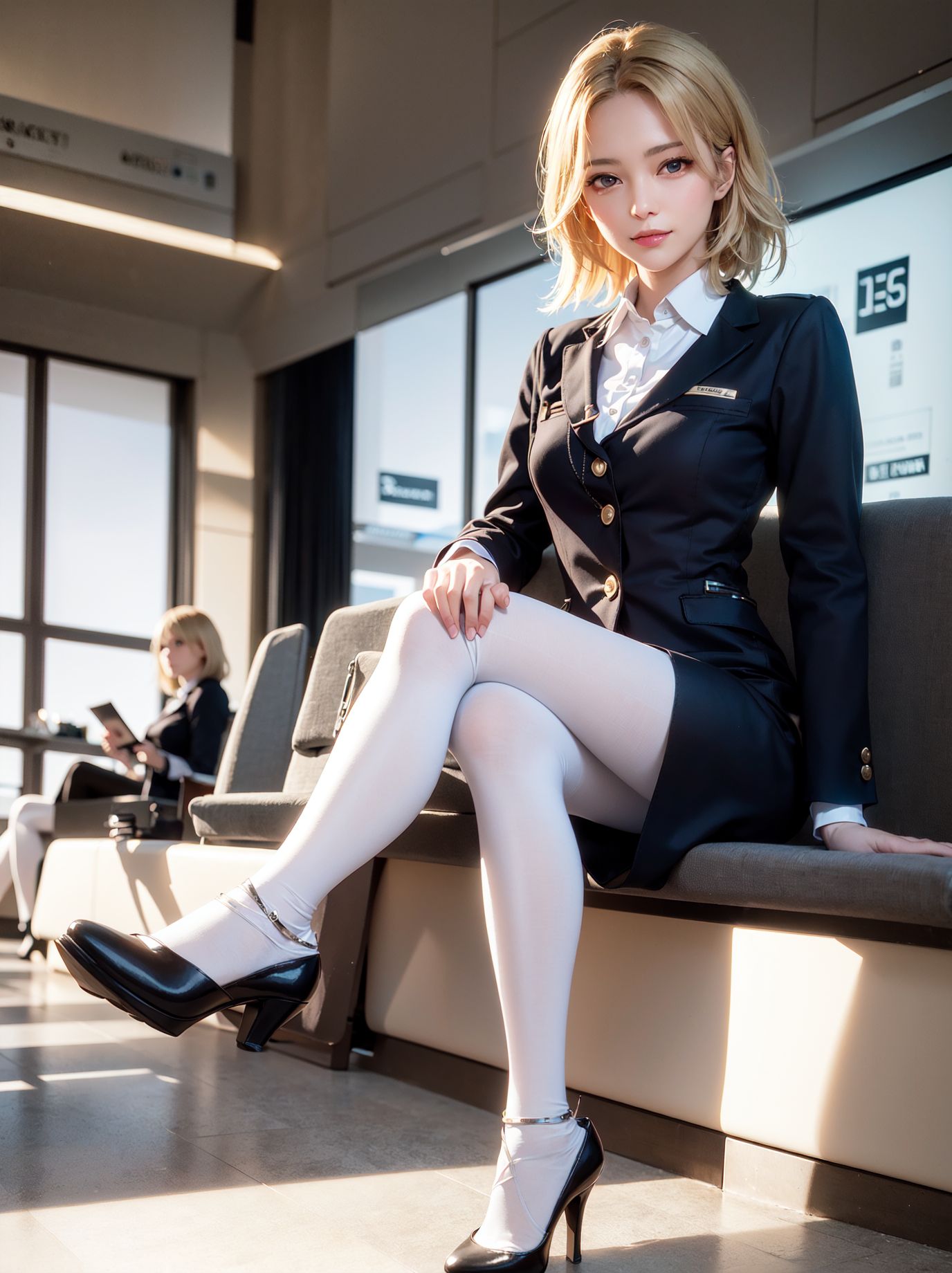 Blonde flight attendant with beautiful legs in white silk stockings and hazy almond eyes.