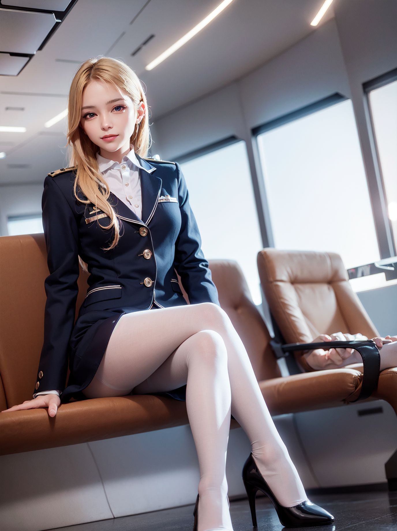 Blonde flight attendant with beautiful legs in white silk stockings and hazy almond eyes.