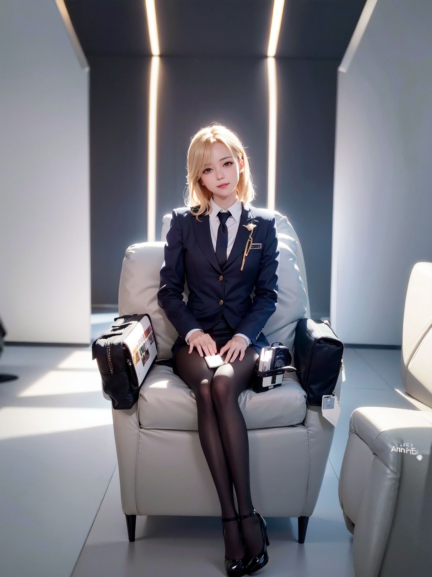 백실크 아름다운 다리 금발 승무원 아몬드 눈 몽롱한