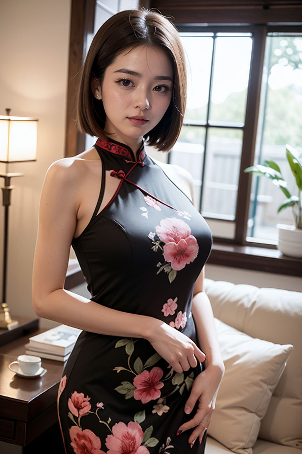 苗條少婦黑色旗袍裝攝影