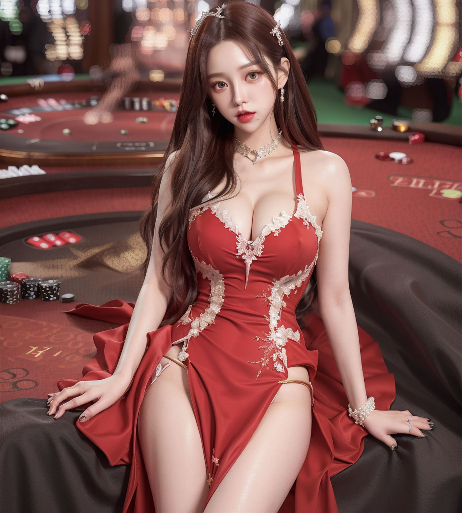 カジノのセクシーな赤いドレスの美女ディーラー