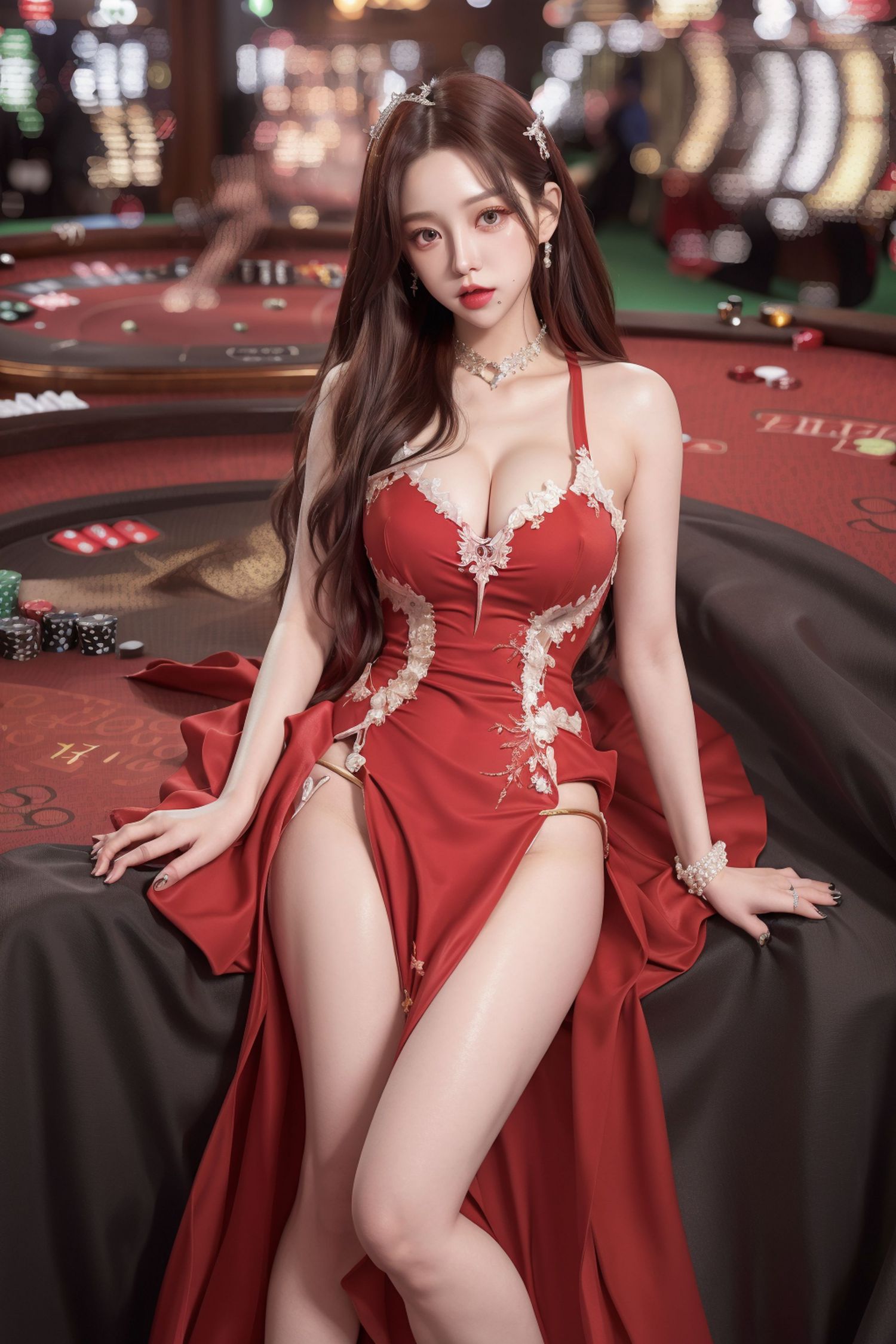 カジノのセクシーな赤いドレスの美女ディーラー