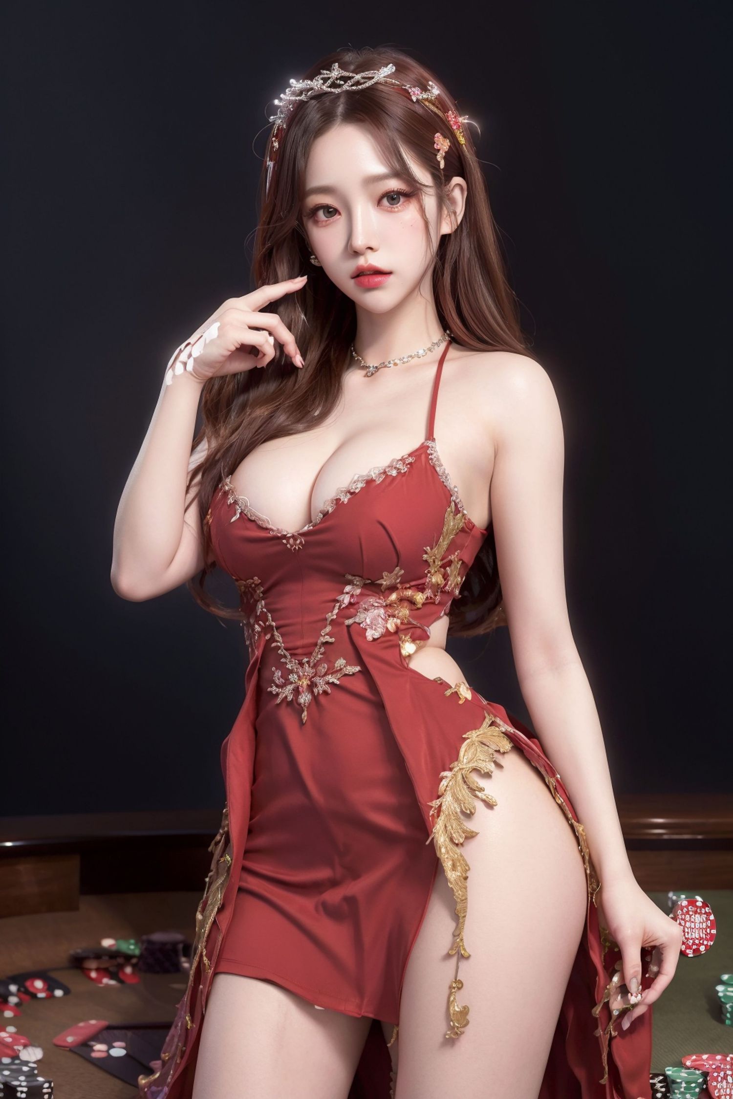 カジノのセクシーな赤いドレスの美女ディーラー