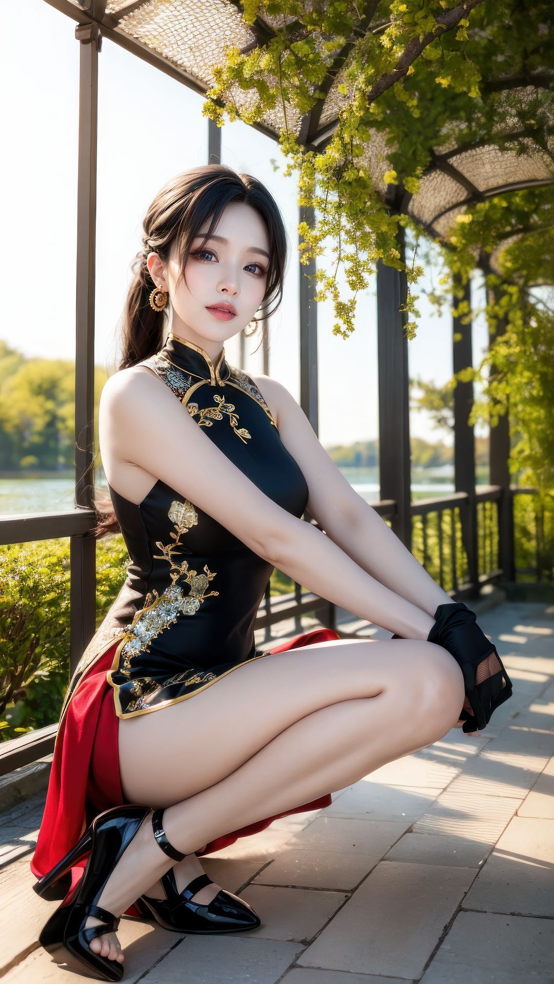The young girl in the park wearing a slit qipao