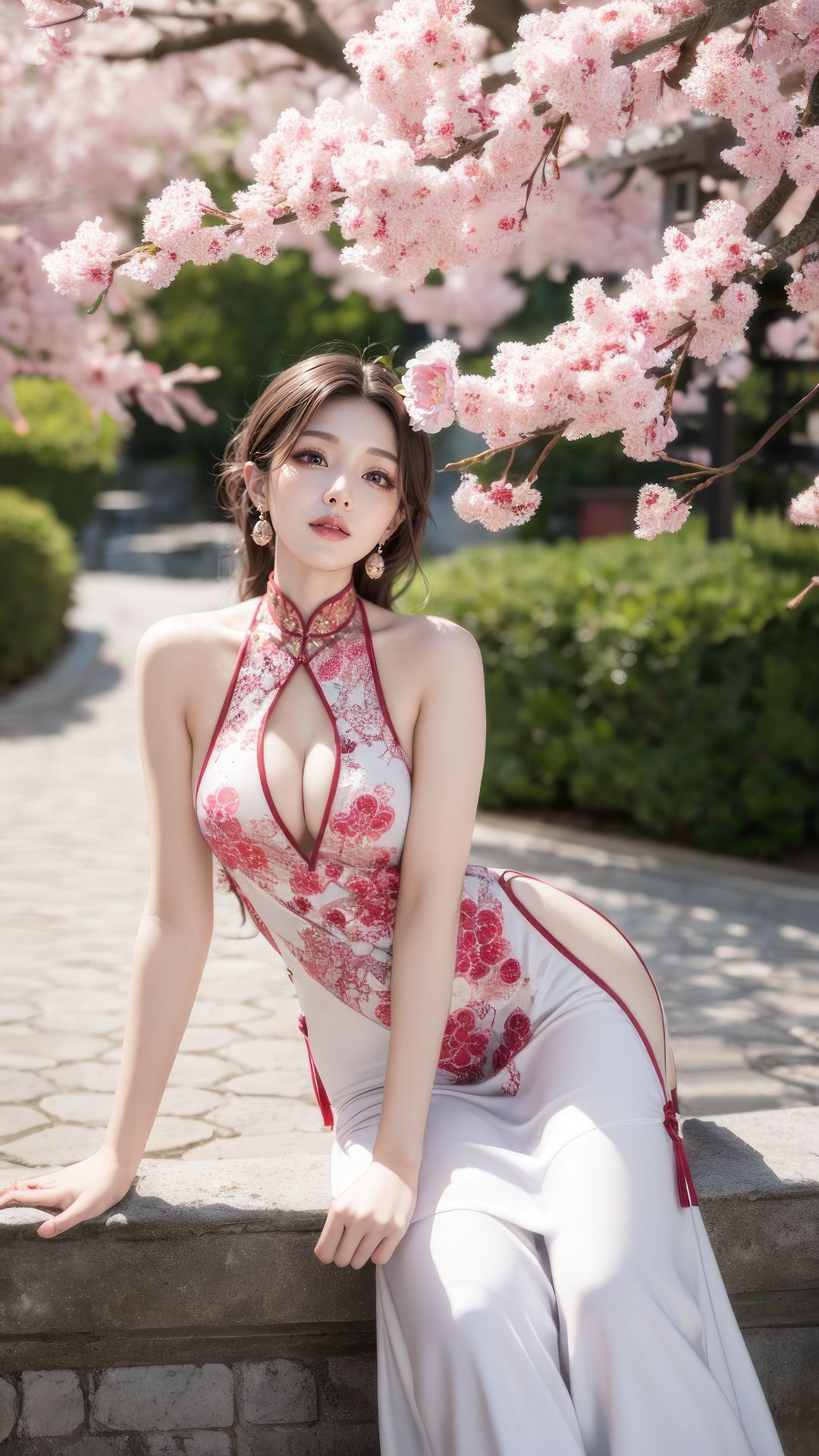 The young girl in the park wearing a slit qipao