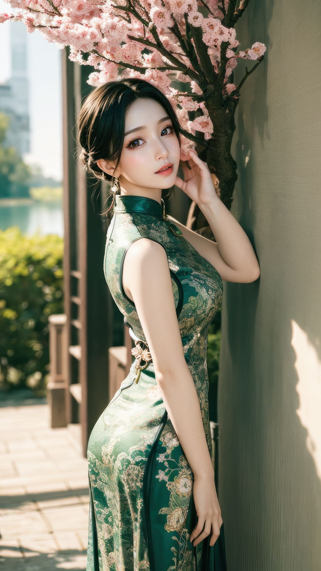 The young girl in the park wearing a slit qipao