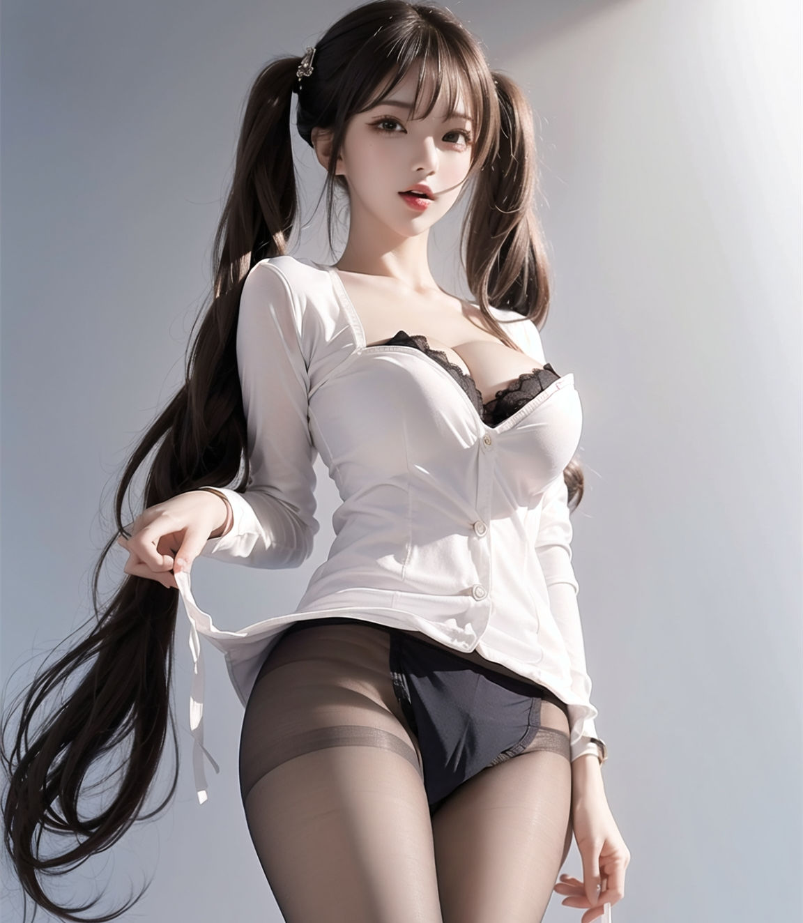 Girl with double ponytails, black stockings, and beautiful legs