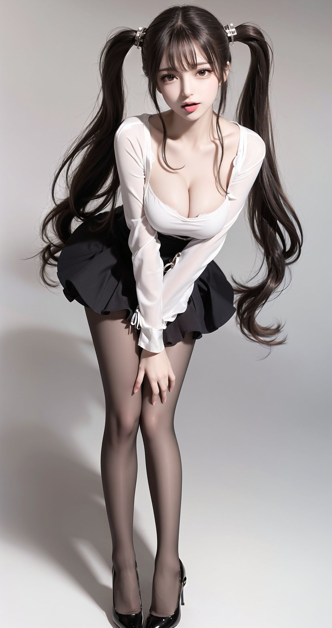 Girl with double ponytails, black stockings, and beautiful legs