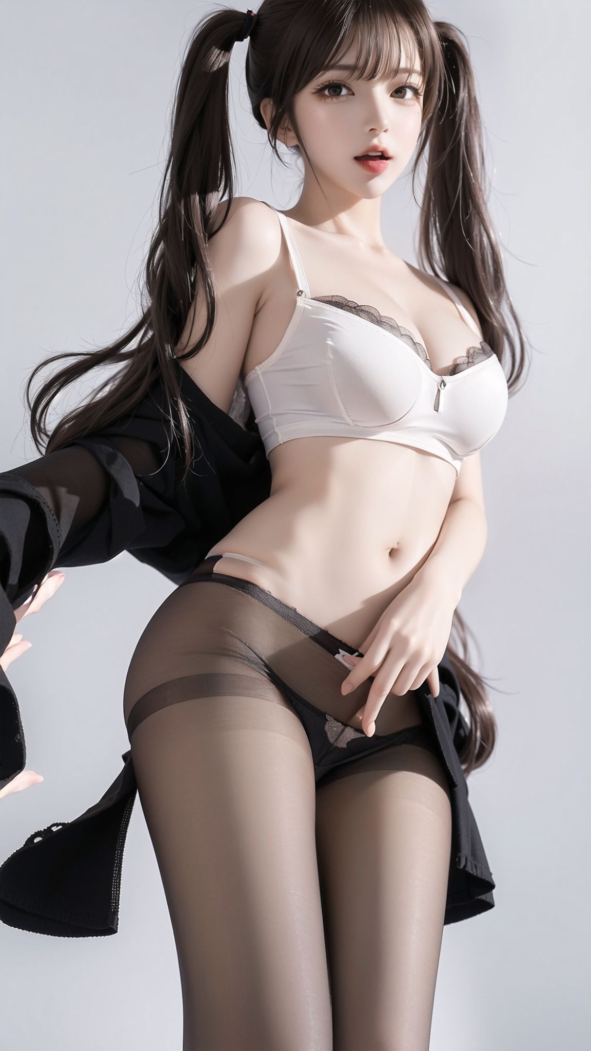 Girl with double ponytails, black stockings, and beautiful legs