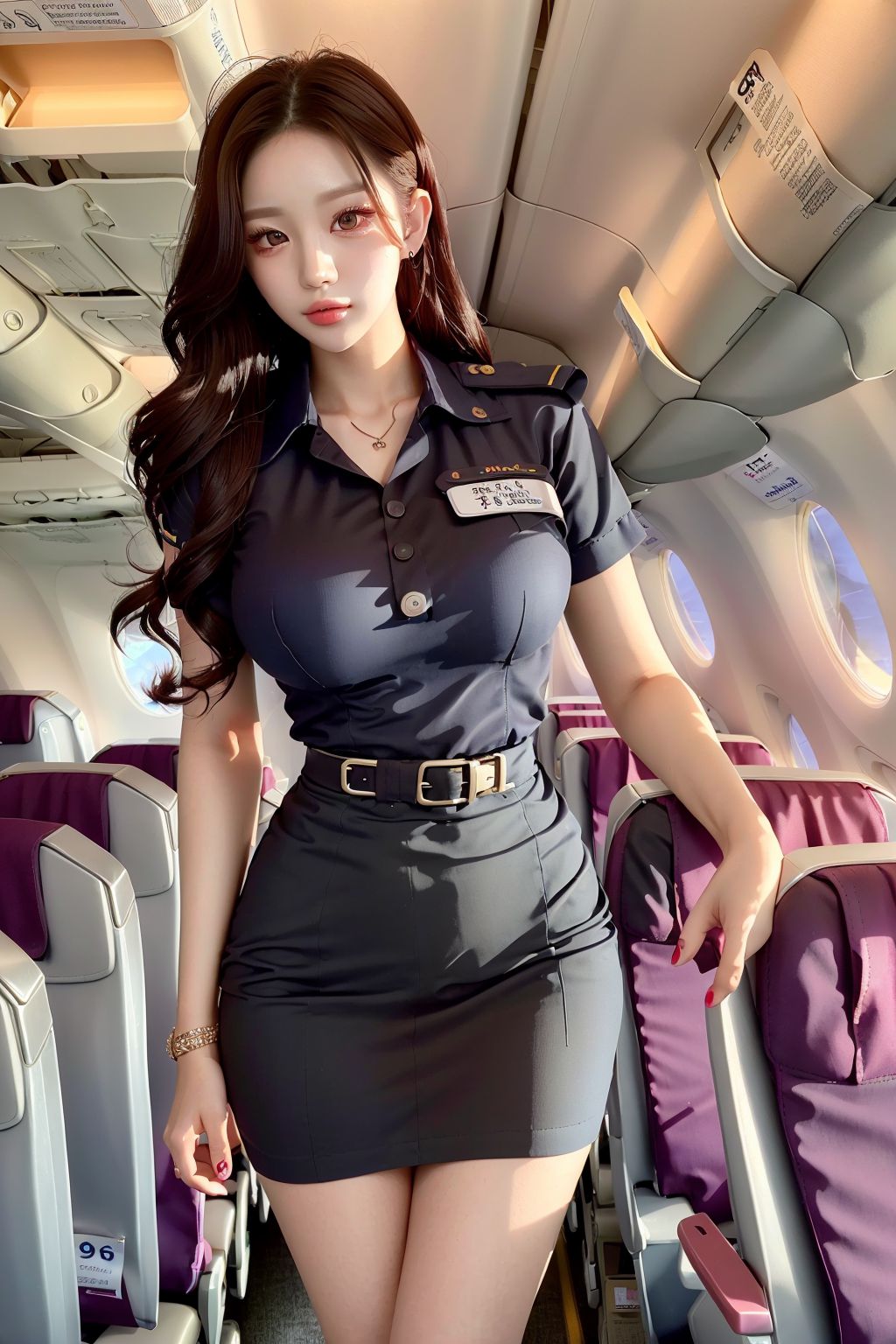 Chuyến bay quốc tế với tiếp viên hàng không xinh đẹp mặc váy siêu ngắn