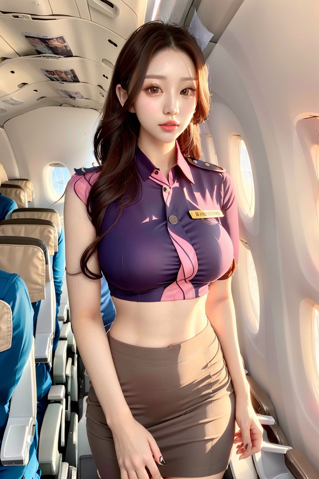 Chuyến bay quốc tế với tiếp viên hàng không xinh đẹp mặc váy siêu ngắn