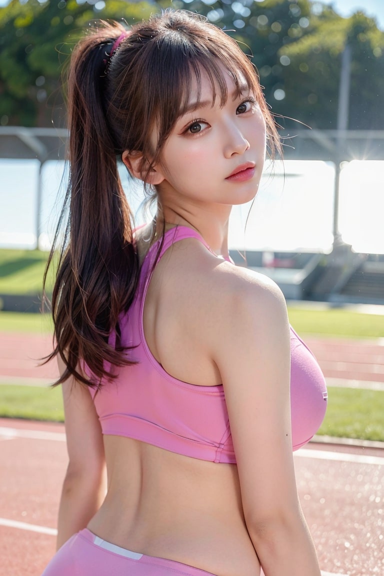 粉色低胸運動裝單馬尾美少女