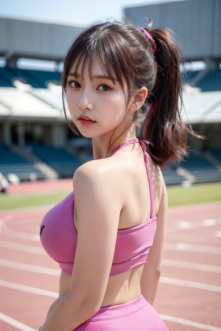 粉色低胸運動裝單馬尾美少女