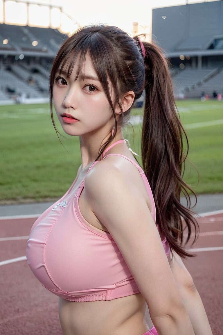ピンクの低胸スポーツウェアを着たポニーテールの美少女