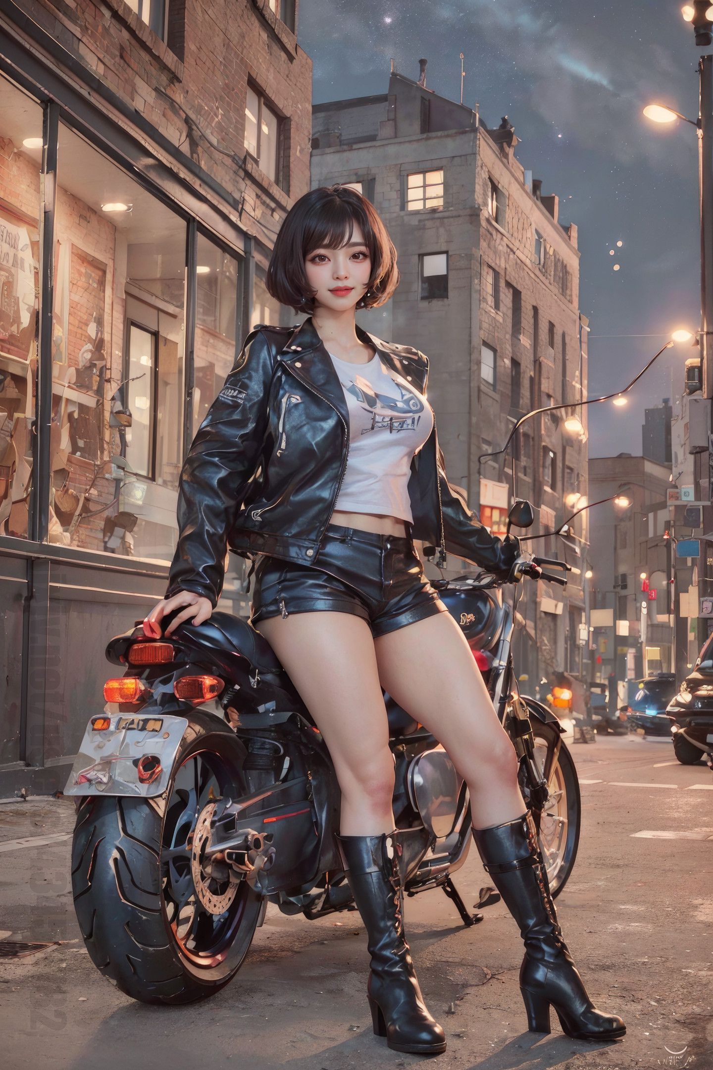 Beautiful Girl on a Motorcycle Under the Night Sky