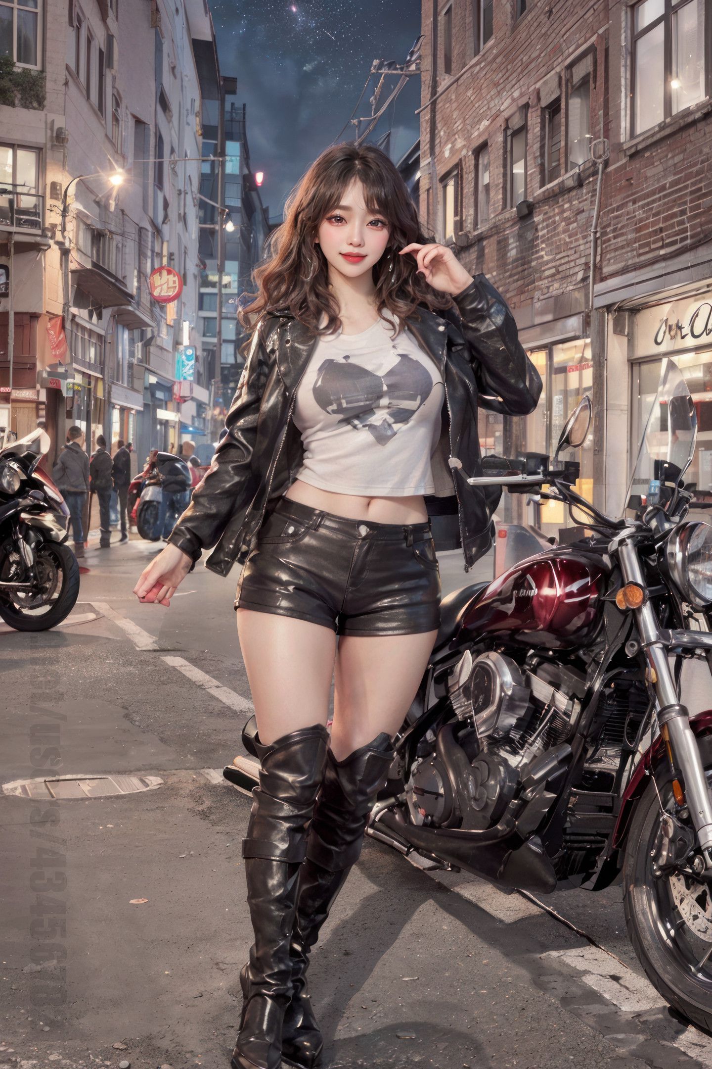 Beautiful Girl on a Motorcycle Under the Night Sky