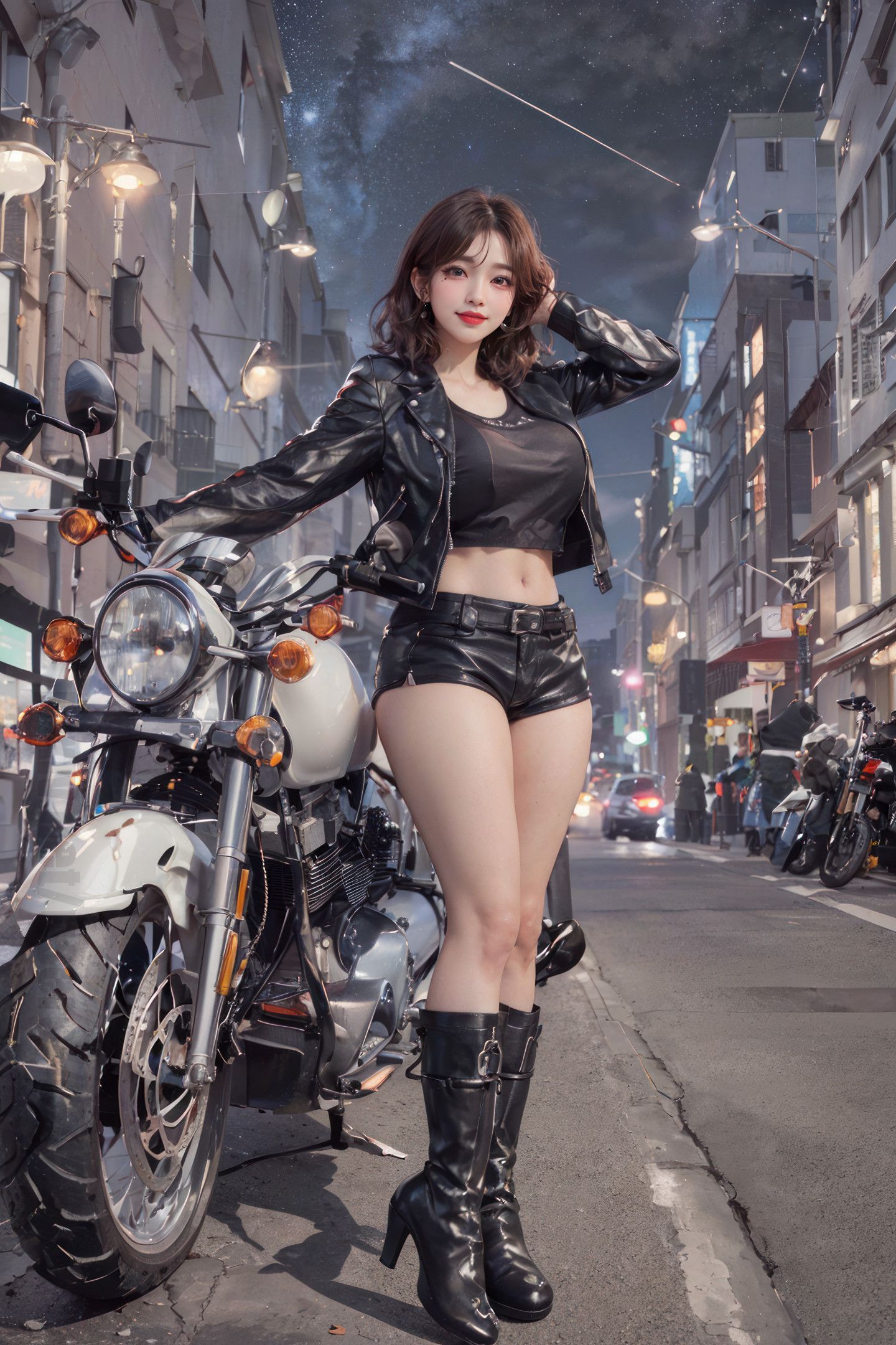 Beautiful Girl on a Motorcycle Under the Night Sky