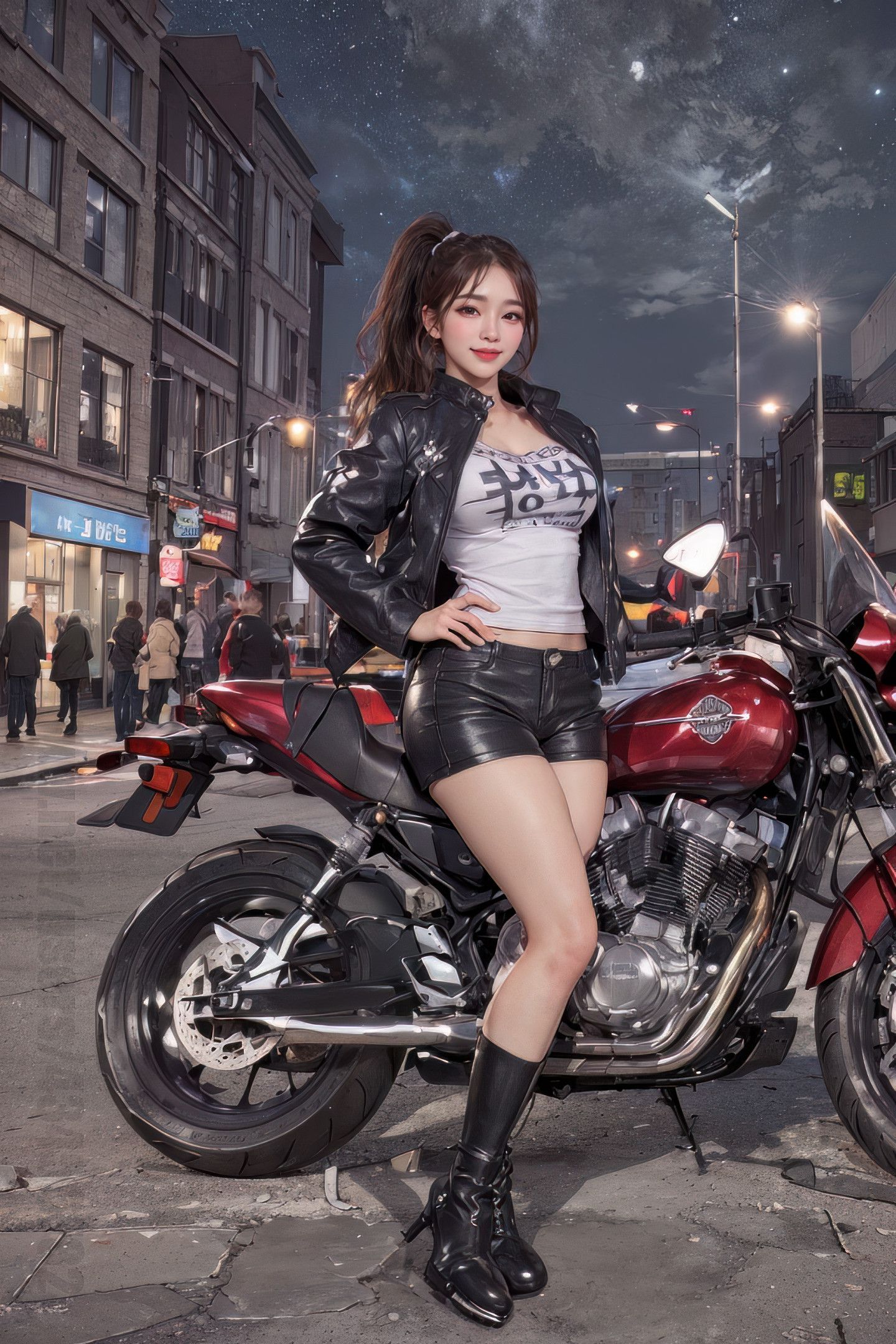 Beautiful Girl on a Motorcycle Under the Night Sky