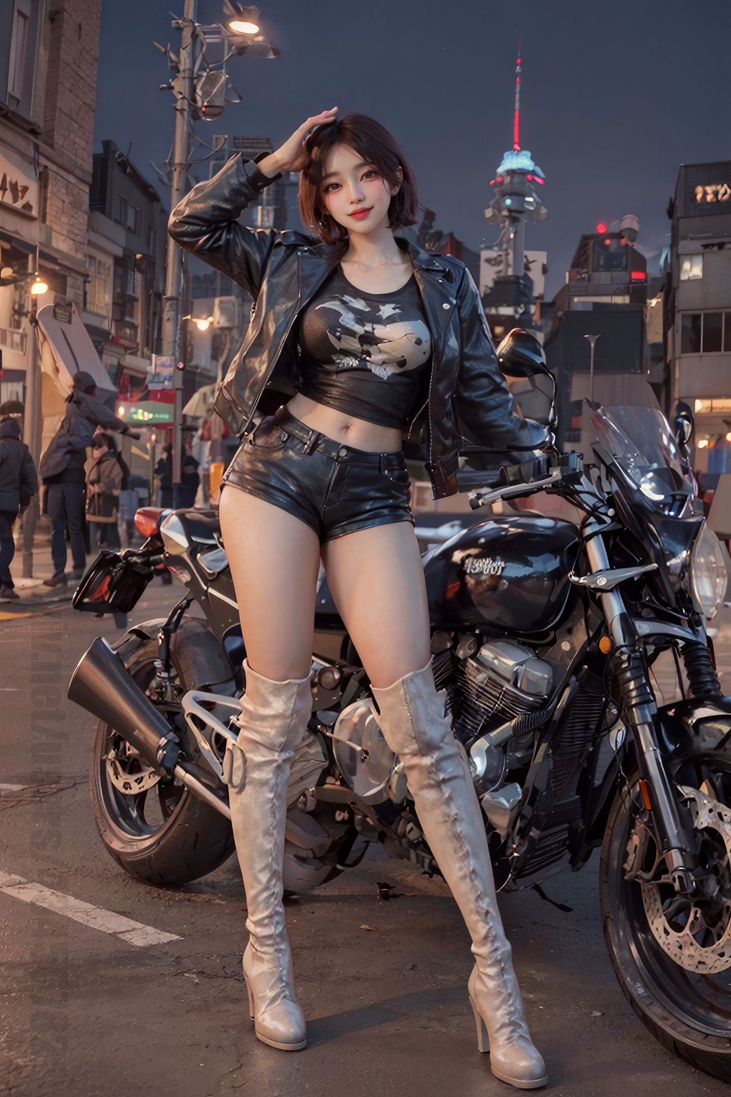 Beautiful Girl on a Motorcycle Under the Night Sky