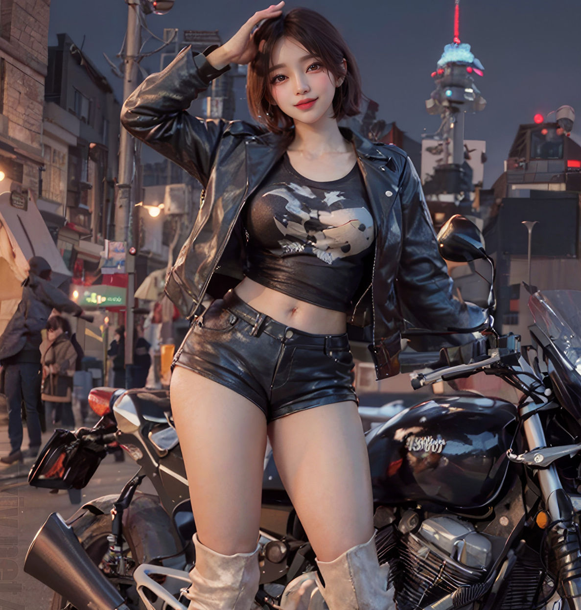 Beautiful Girl on a Motorcycle Under the Night Sky