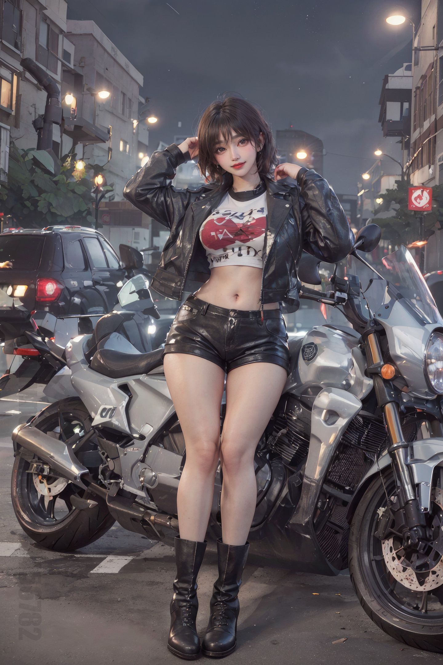 Beautiful Girl on a Motorcycle Under the Night Sky