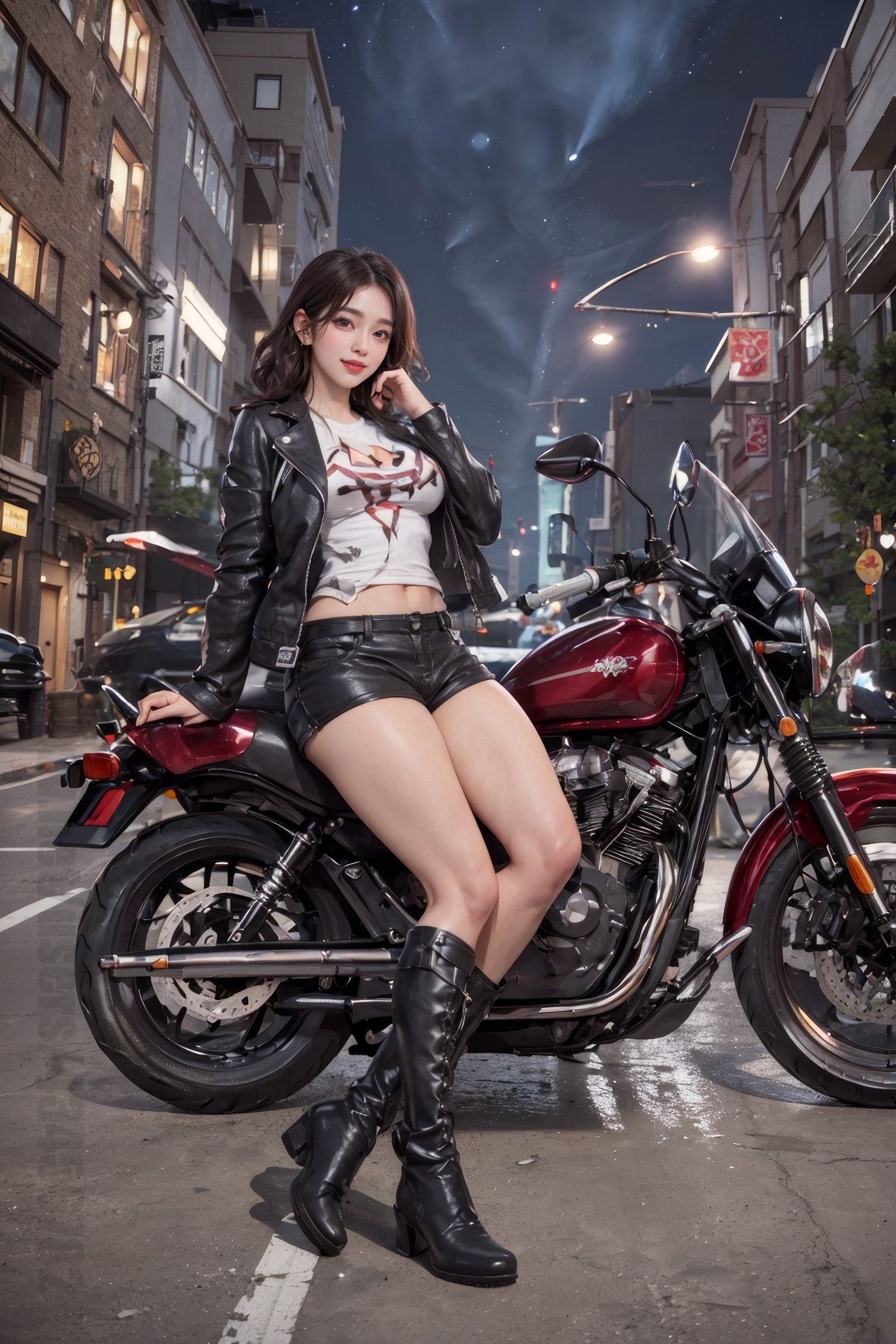 Beautiful Girl on a Motorcycle Under the Night Sky