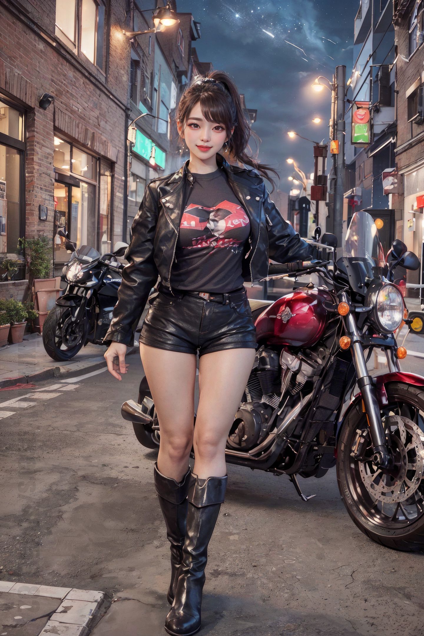 Beautiful Girl on a Motorcycle Under the Night Sky