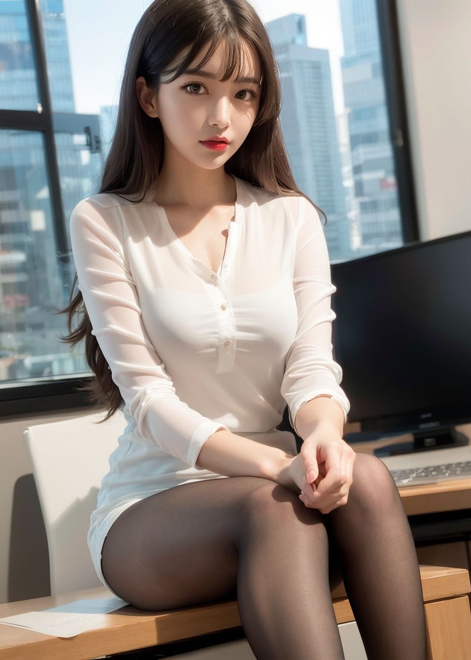 Thư ký xinh đẹp mặc tất đen mới của công ty