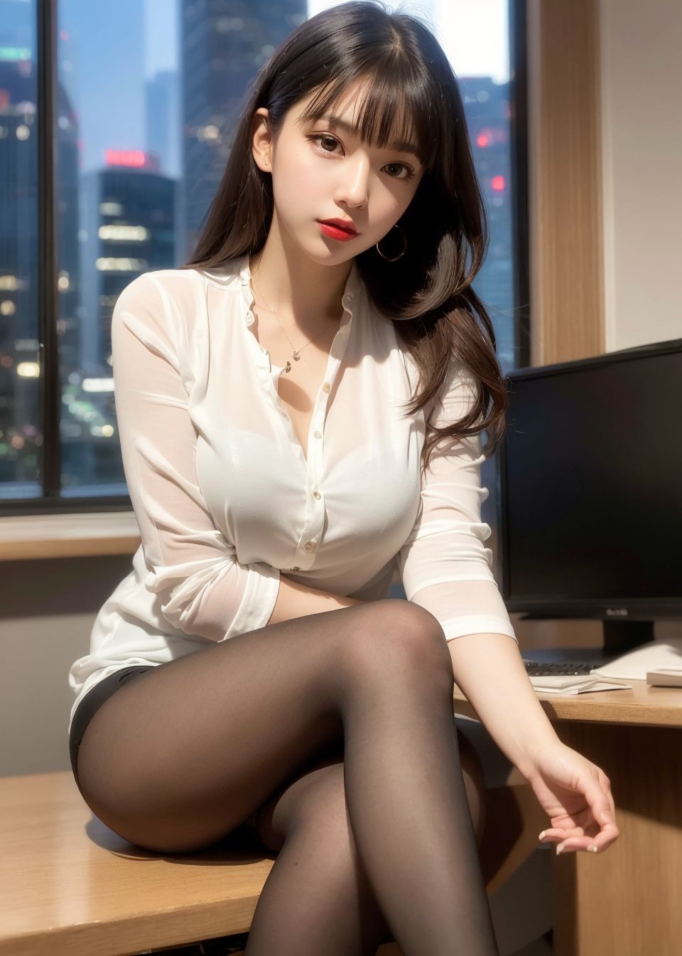 Thư ký xinh đẹp mặc tất đen mới của công ty