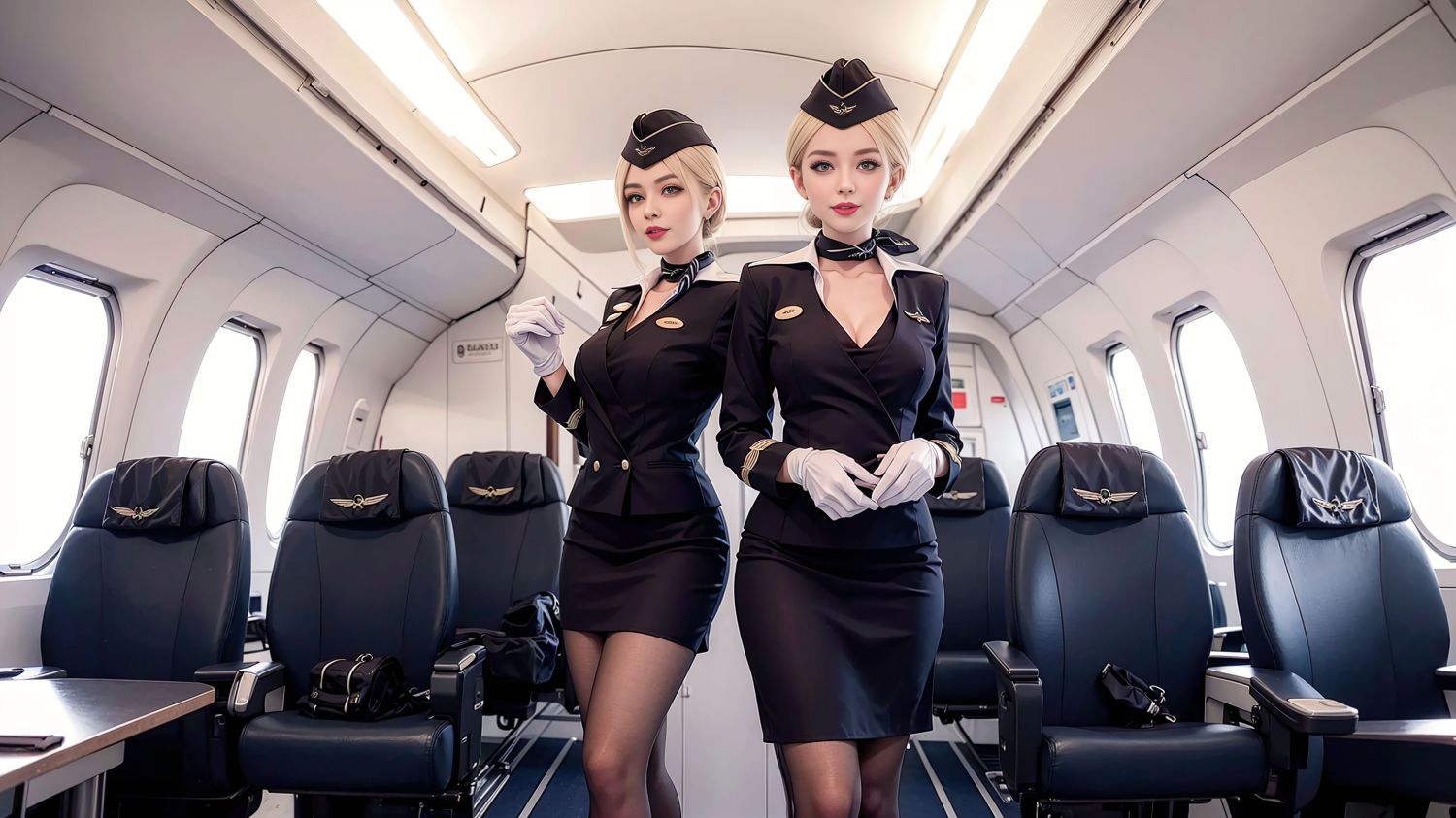 First-class blonde black-silk flight attendant