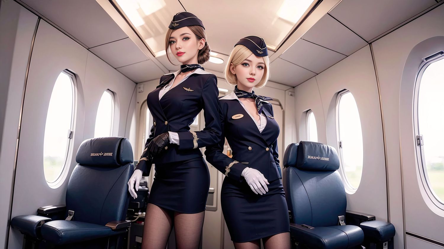 First-class blonde black-silk flight attendant