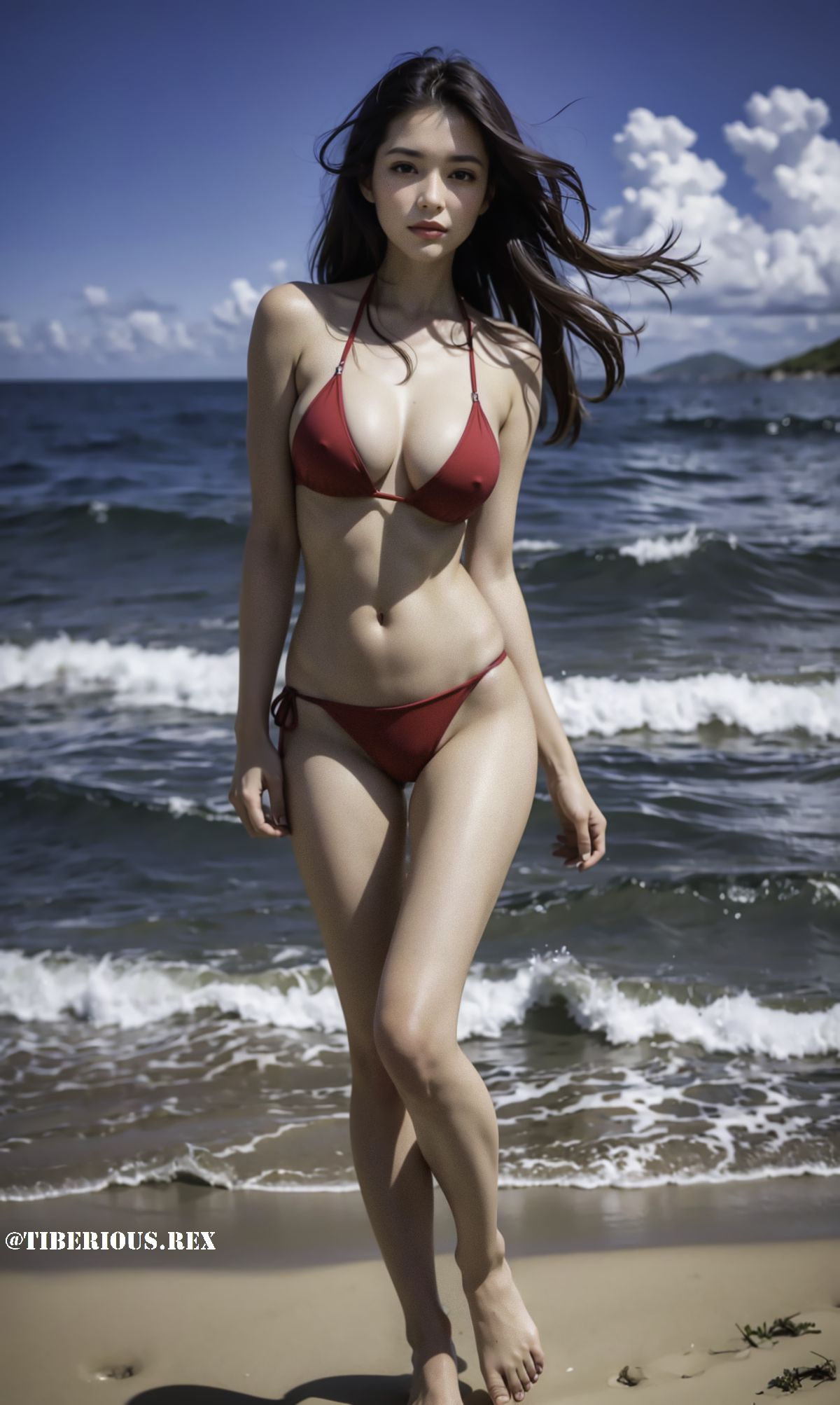 Pretty girl in a red bikini swimsuit at the seaside