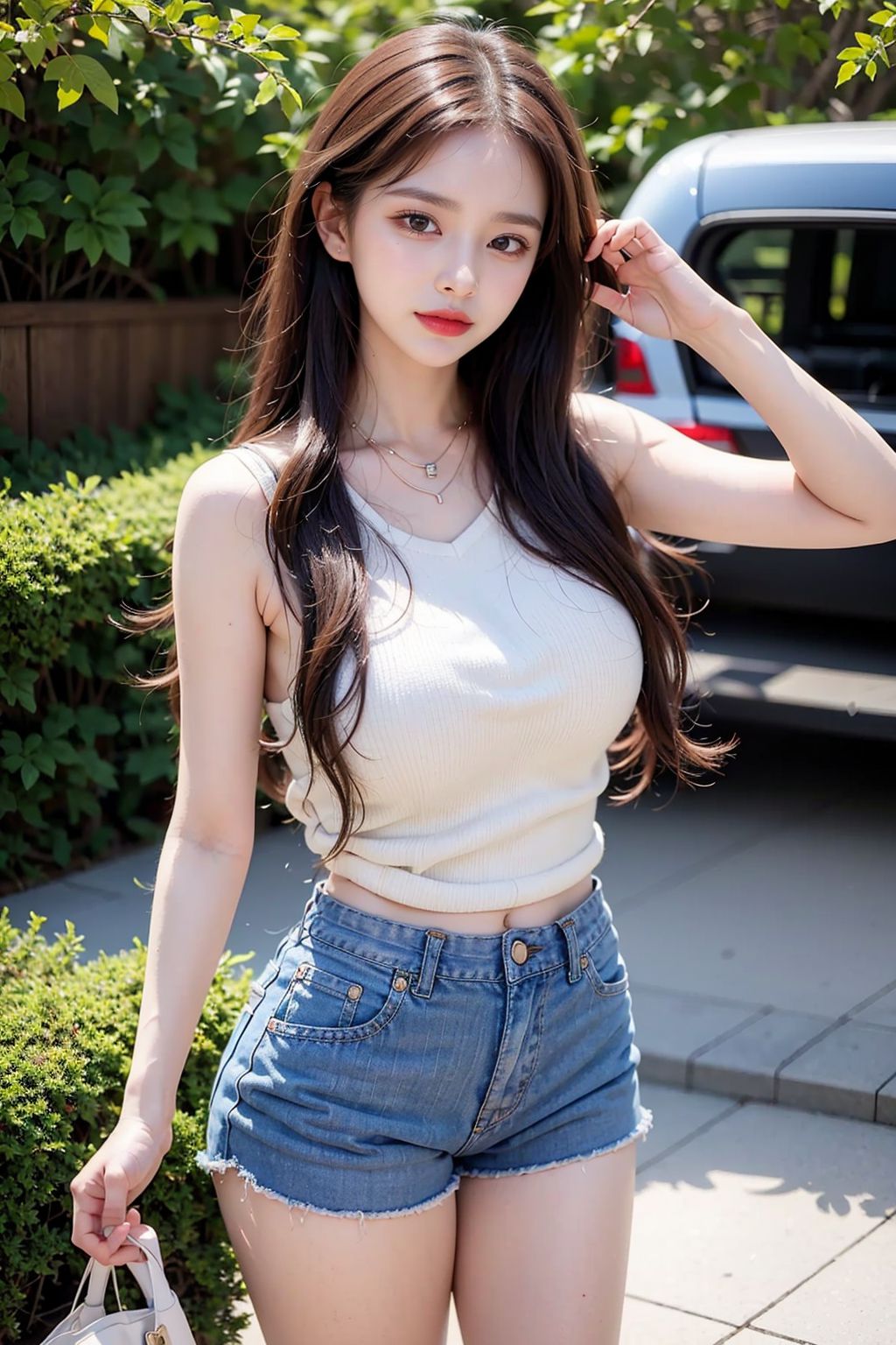Short-haired denim hot pants beautiful girl
