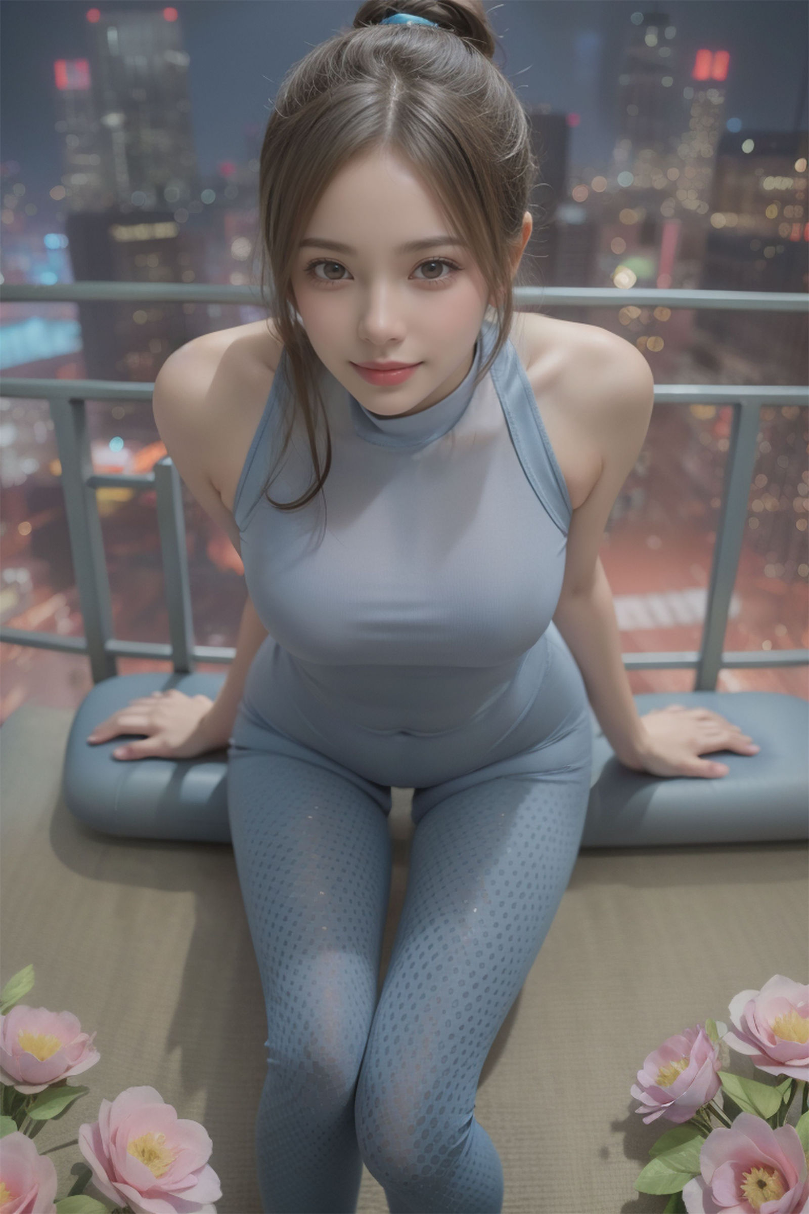 Aqua blue tight pants young girl photoshoot