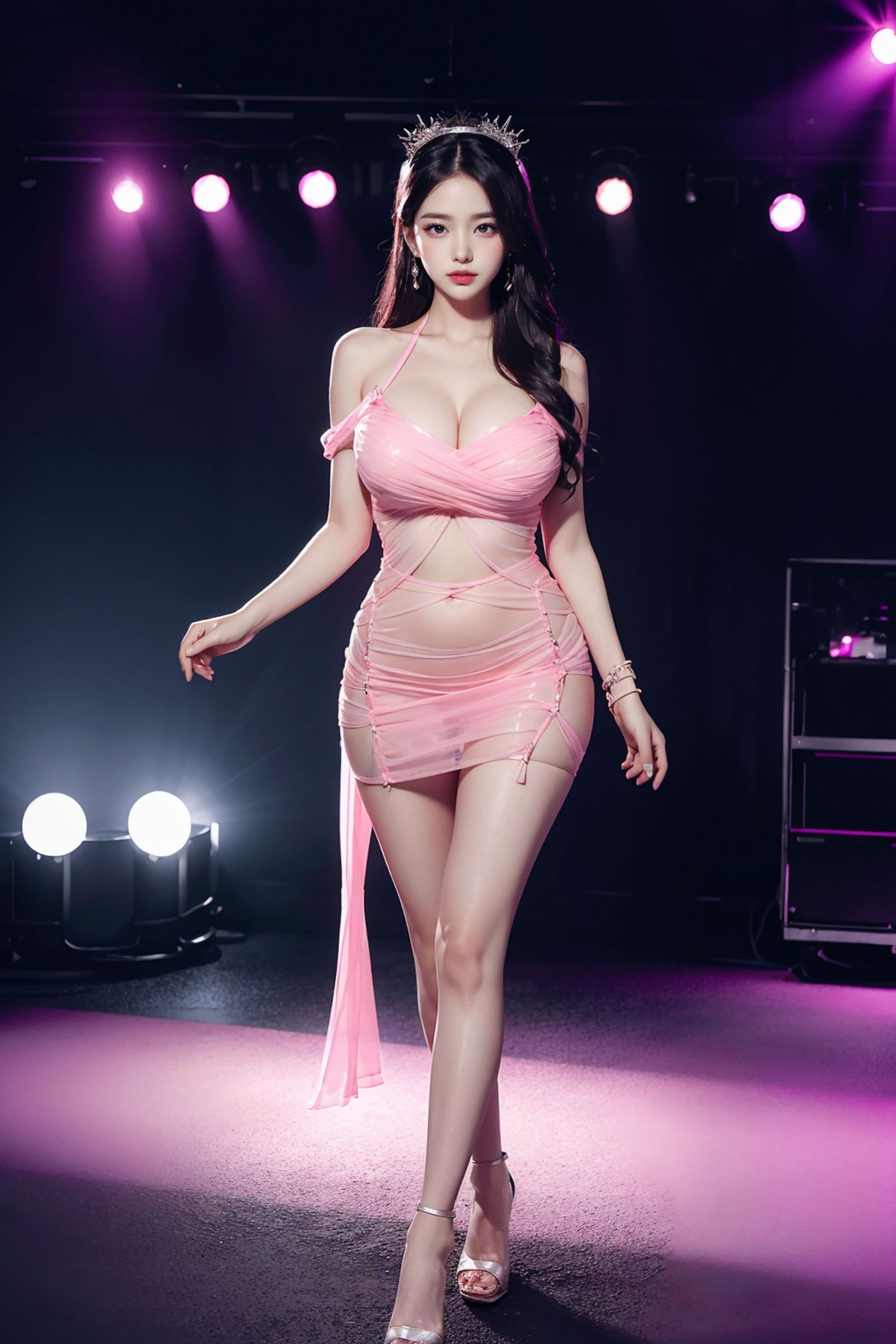 清純で豊満なTステージの美女モデル、ピンクの超短スカート