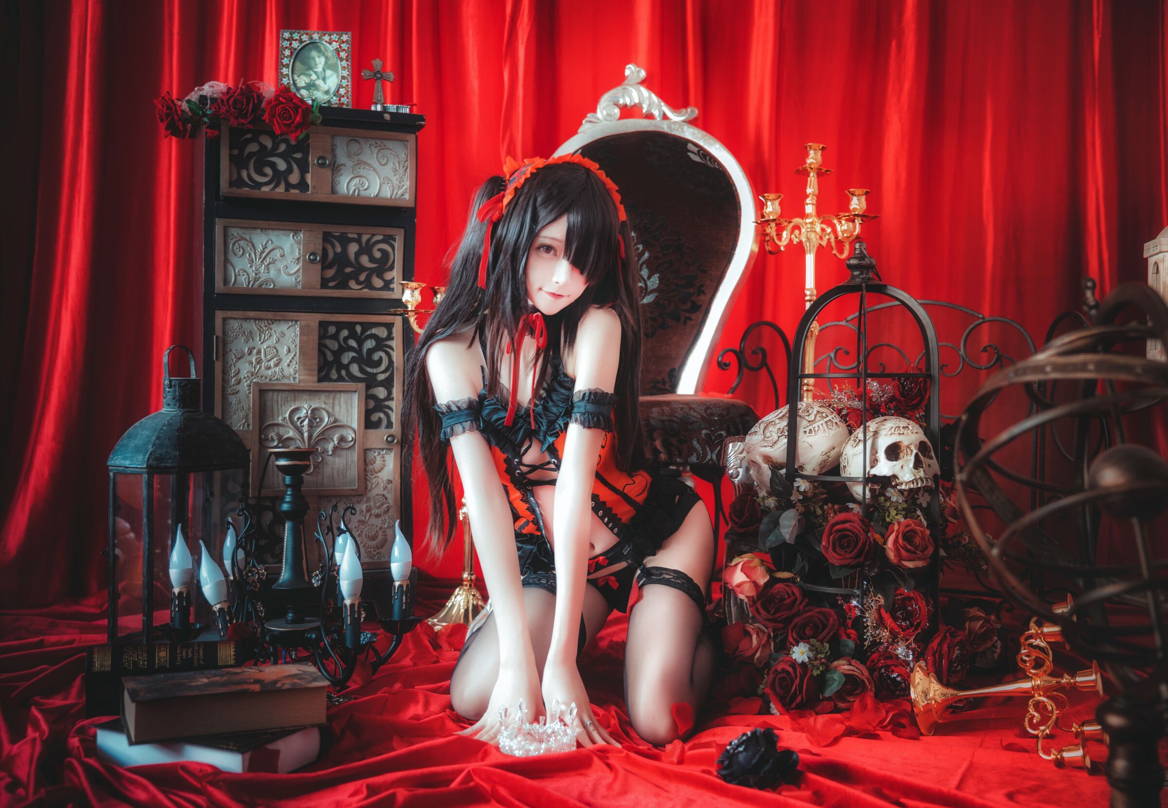 Yui Goldfish - Tokisaki Kurumi black skirt + cheongsam + underwear