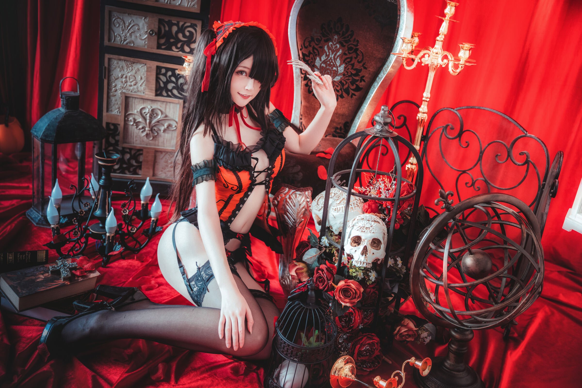 Yui Goldfish - Tokisaki Kurumi black skirt + cheongsam + underwear