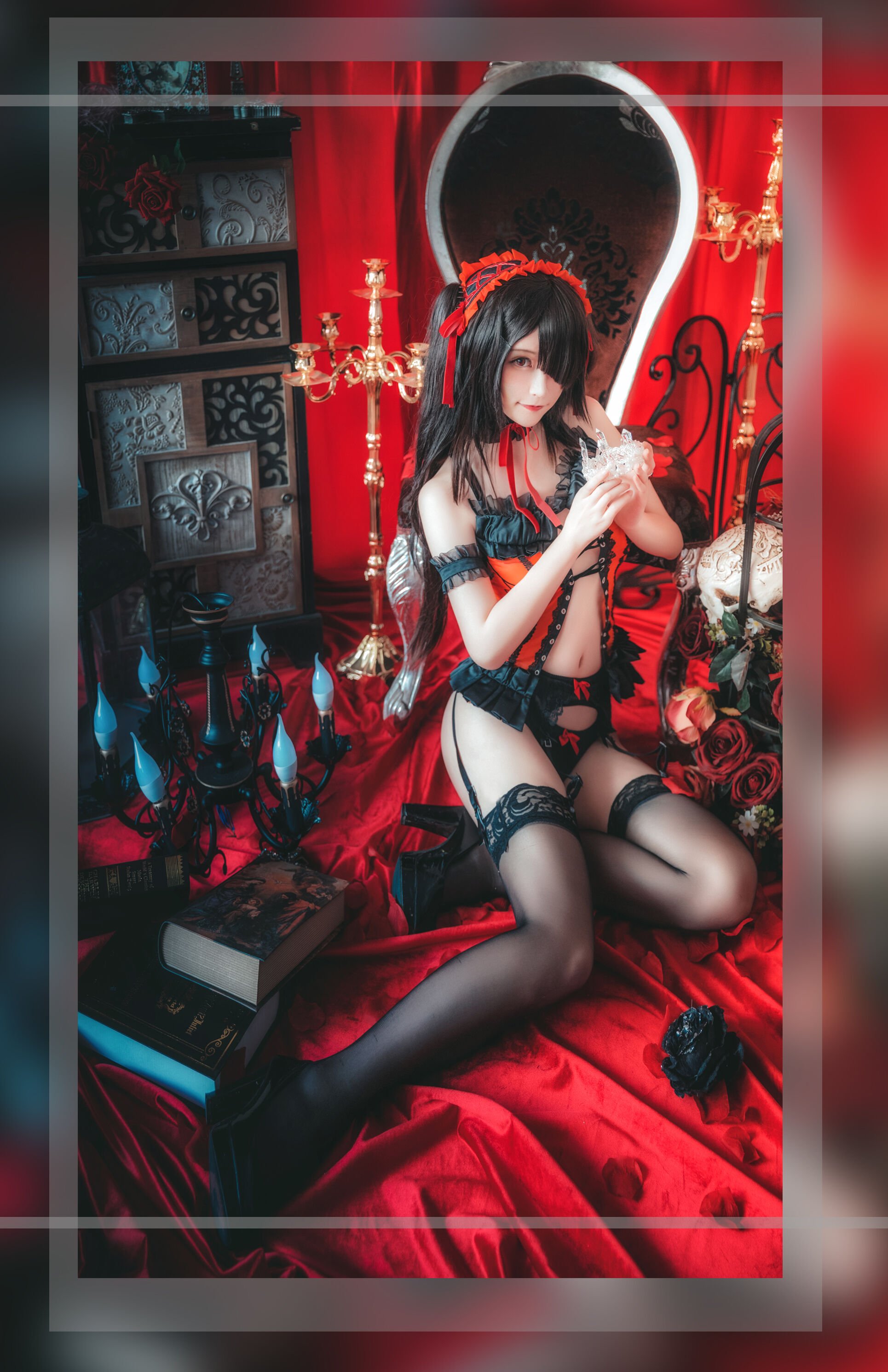 Yui Goldfish - Tokisaki Kurumi black skirt + cheongsam + underwear