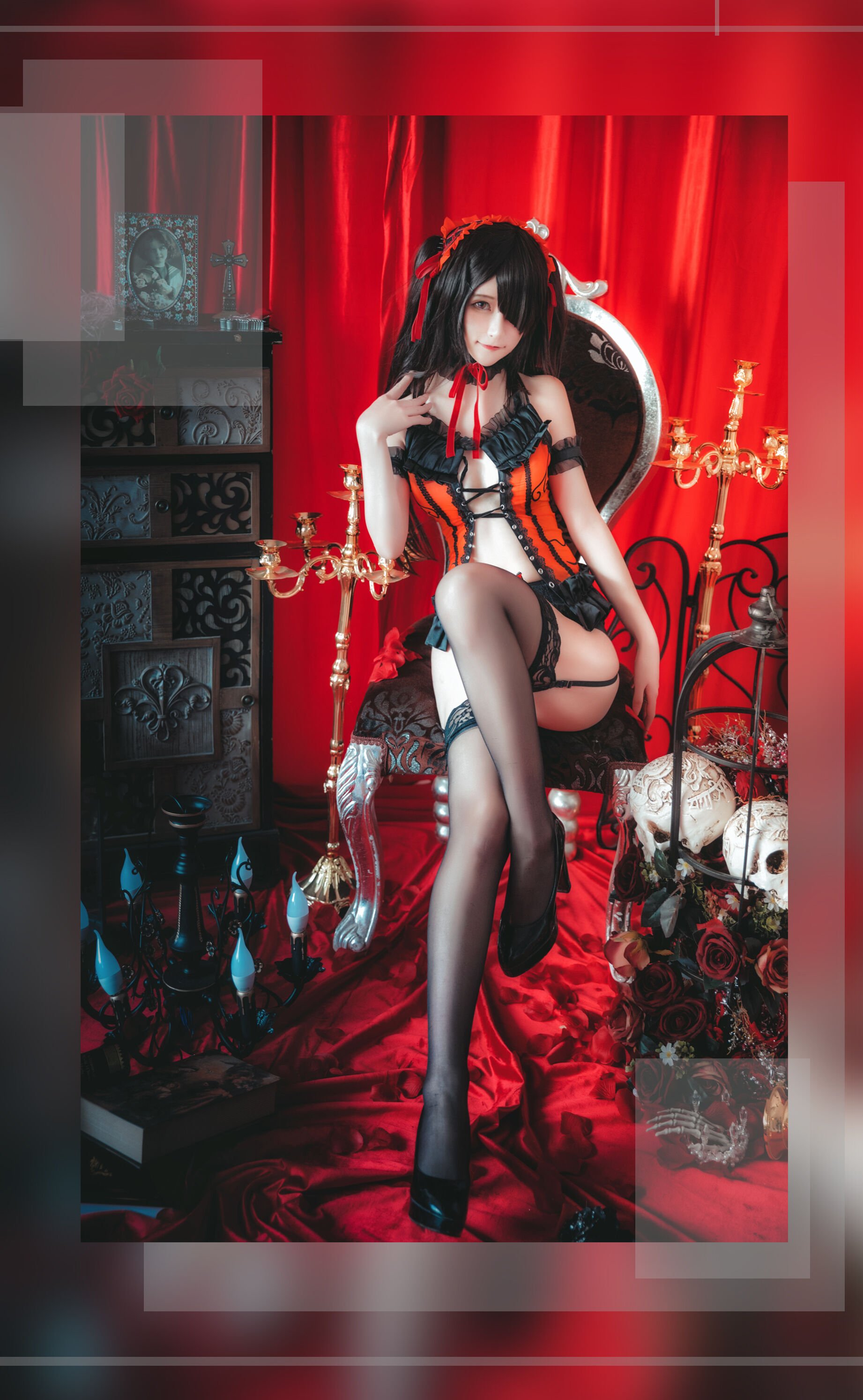 Yui Goldfish - Tokisaki Kurumi black skirt + cheongsam + underwear