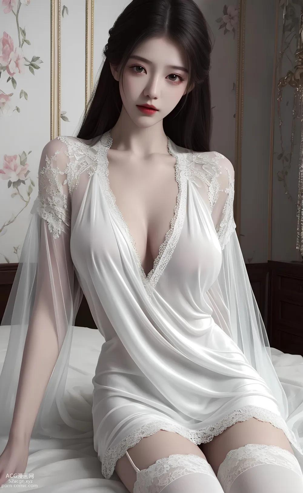 애니메 걸] [위미] 흰색 섹시 레이스 얇은 가제 – AI 회화 고품질 고전풍 도감