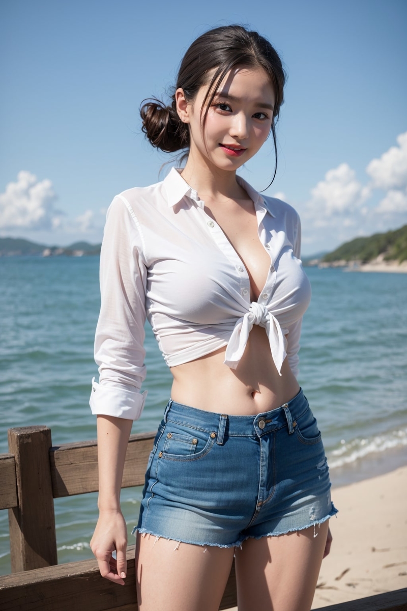 AI 生成～愛美克女孩-熱褲牛仔褲,白襯衫（熱褲牛仔褲，白襯衫）