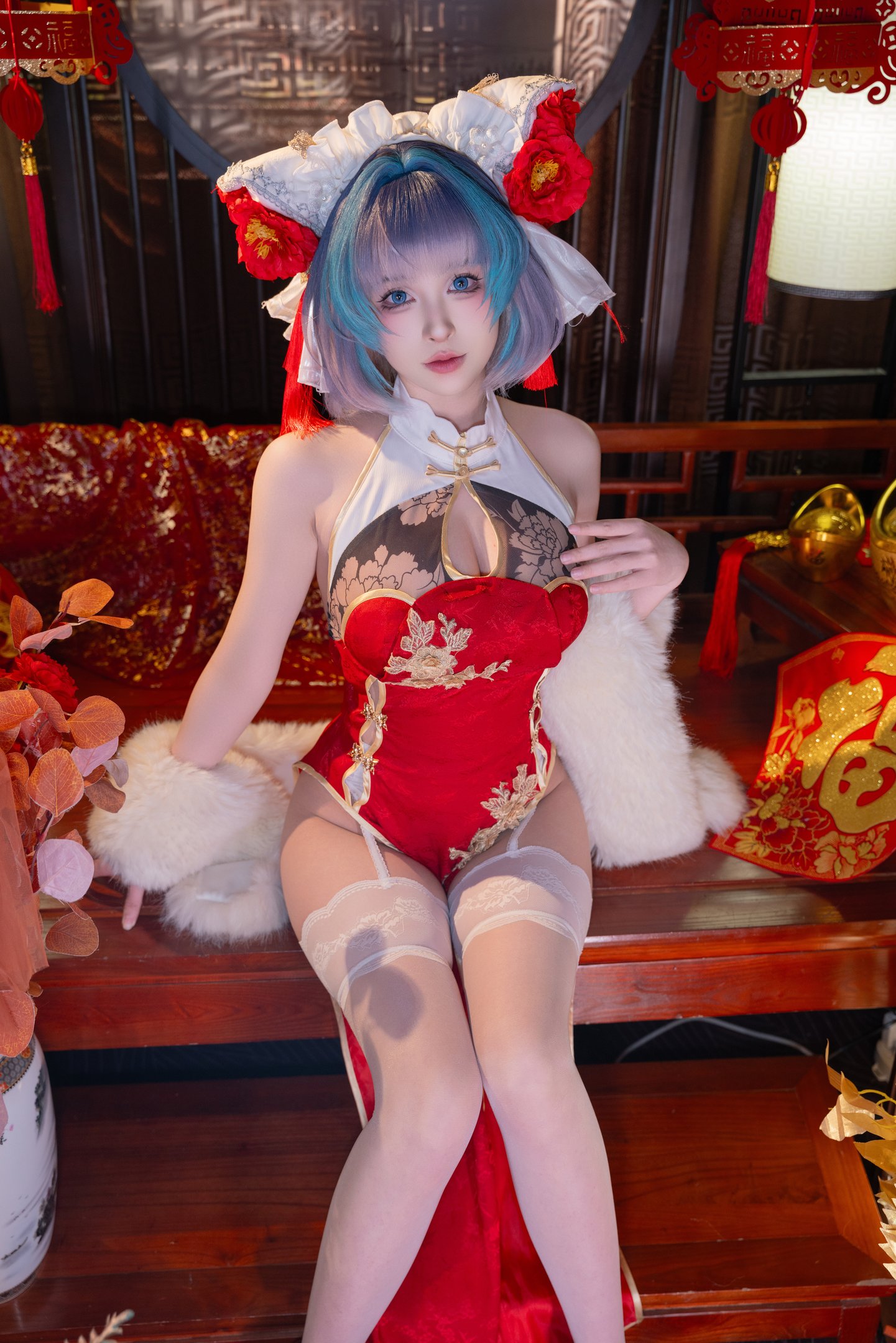 清水由乃 - Bạch Lam Hàng Tuyến Trà Khương Tân Xuân Qipao