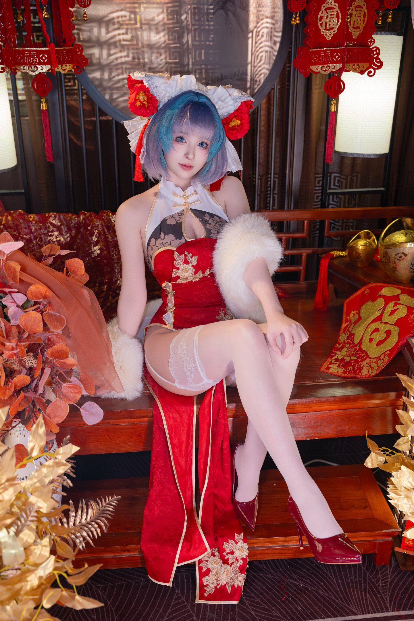 清水由乃 - Bạch Lam Hàng Tuyến Trà Khương Tân Xuân Qipao