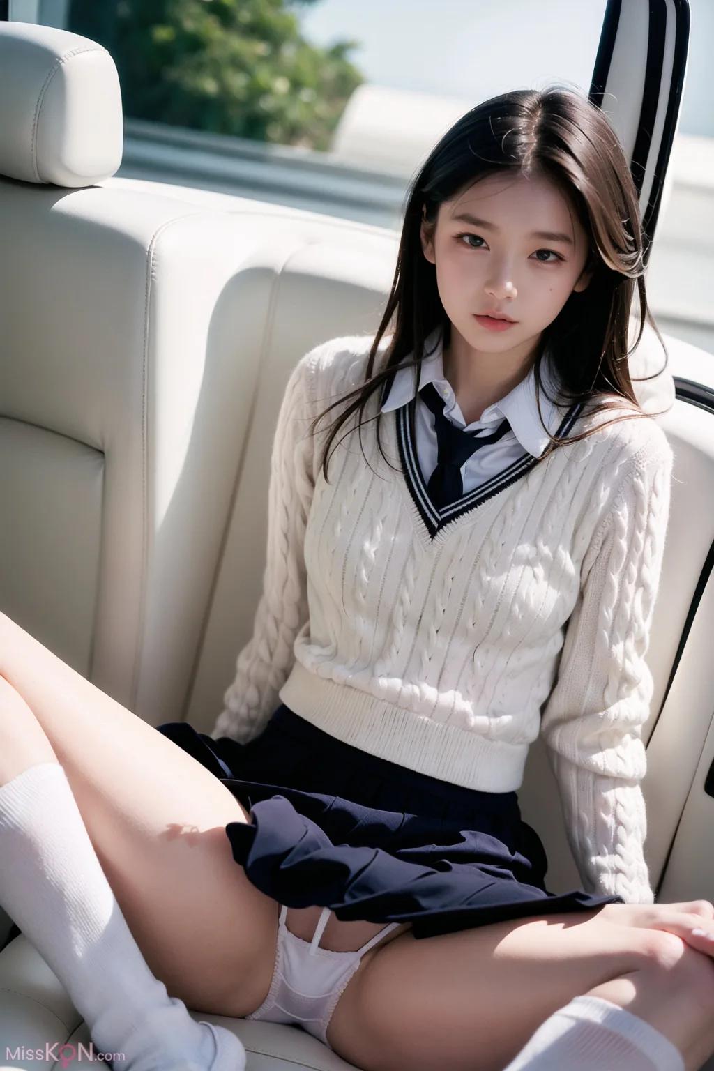 Bộ ảnh (160 ảnh) AI tạo - Cô gái AI xinh đẹp trong xe ô tô với tất chân ren lộ da